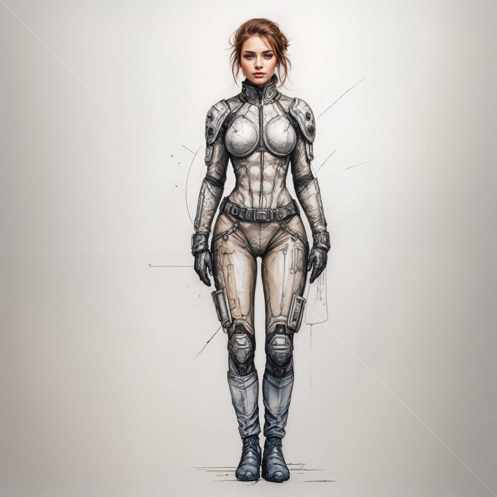 Futuristic warrior stands ready for battle in high-tech armor against a dystopian backdrop