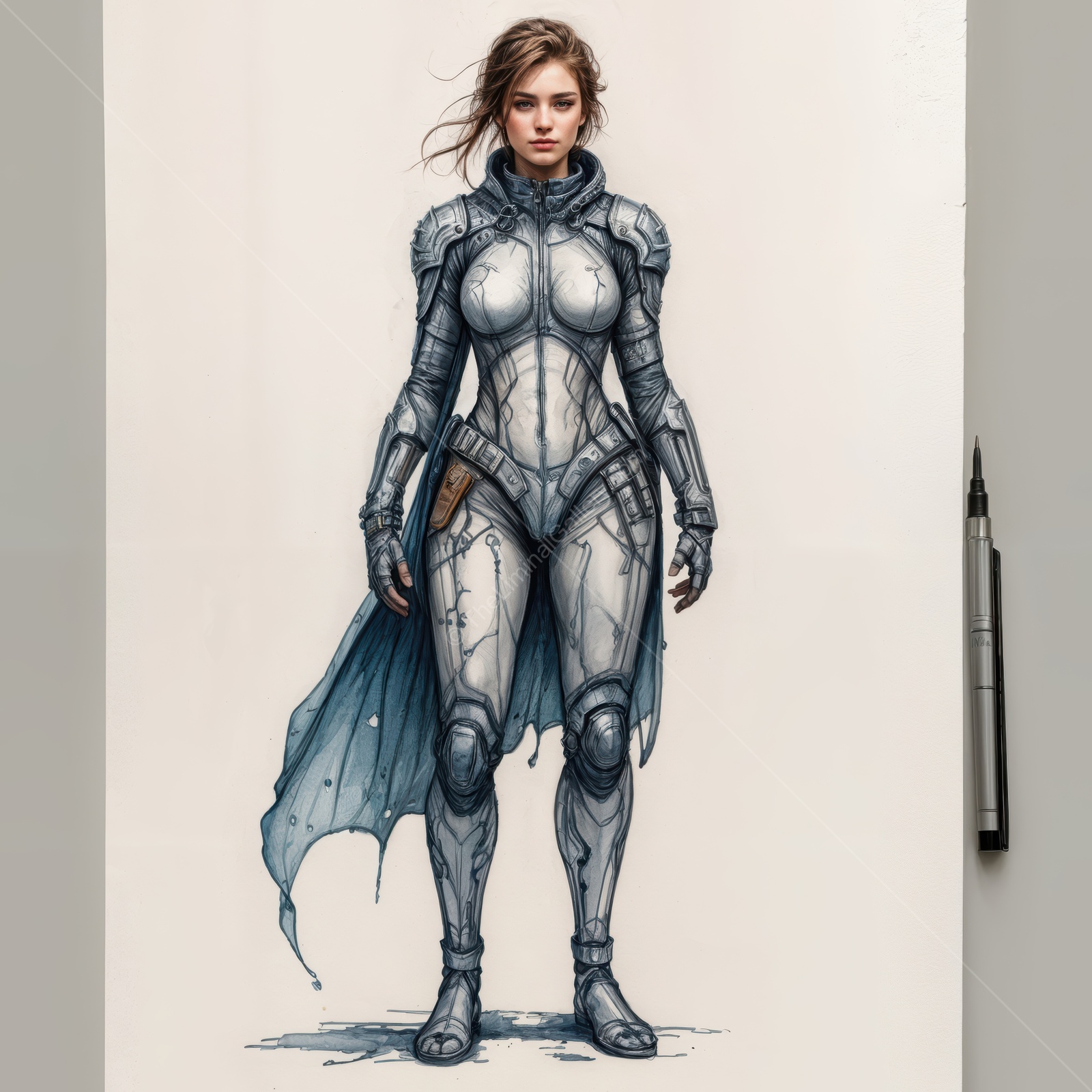 Futuristic warrior in sleek armor stands strong in a sci-fi landscape, ready for battle in a world beyond imagination