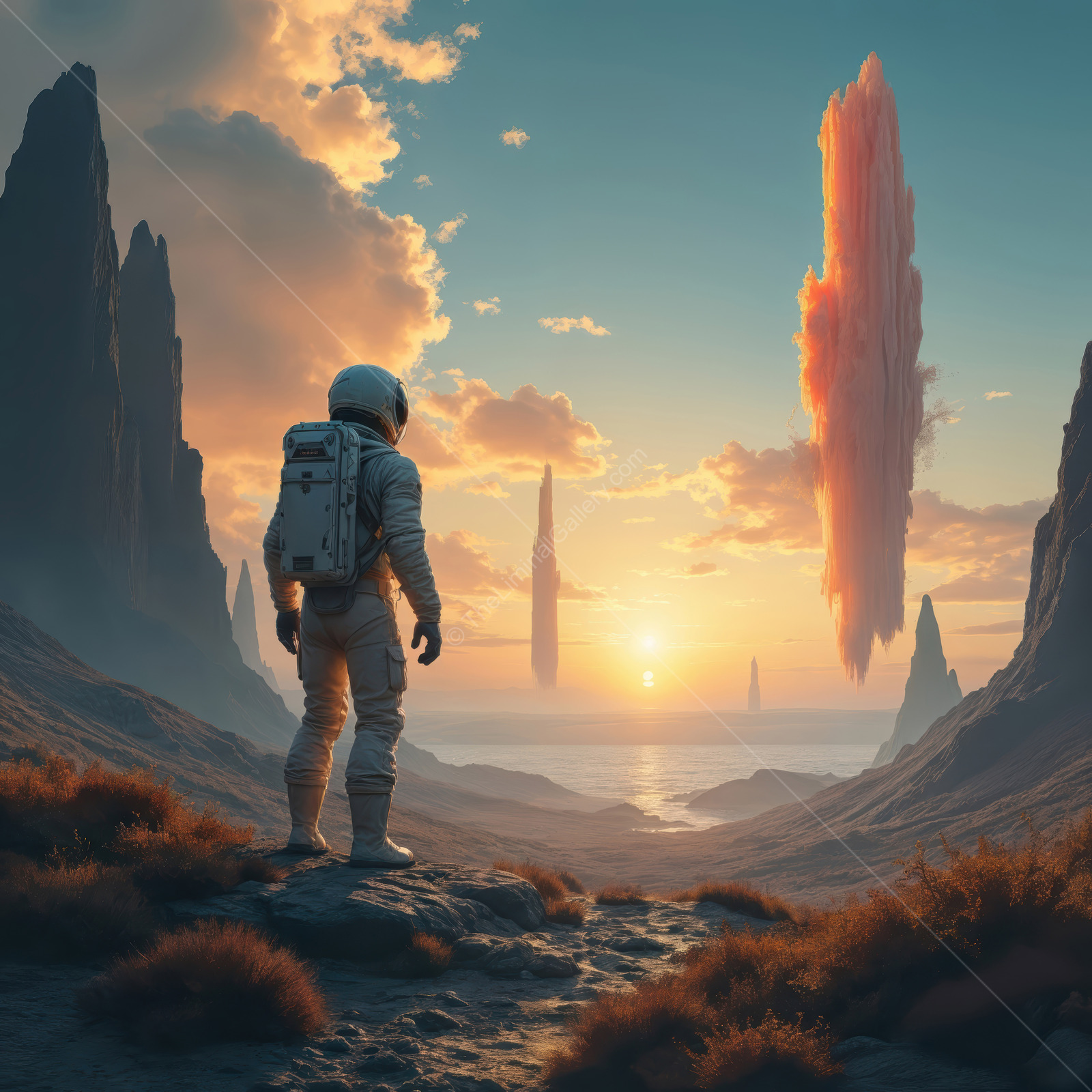 Exploration of a distant planet at sunset with surreal rock formations and a lone astronaut gazing towards floating structures