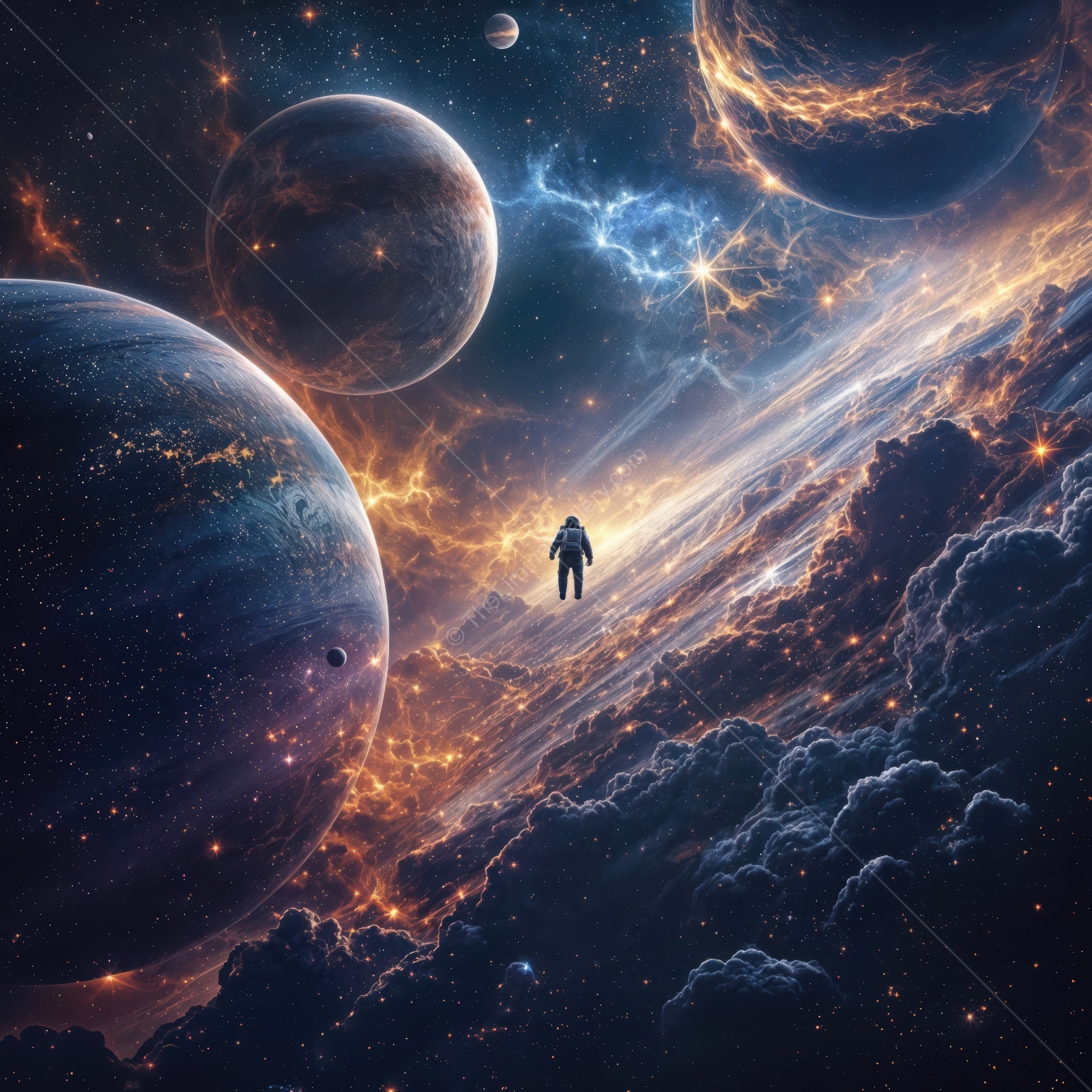 Journey through the cosmos as an astronaut explores the depths of a vibrant sci-fi universe filled with distant planets and swirling nebulae