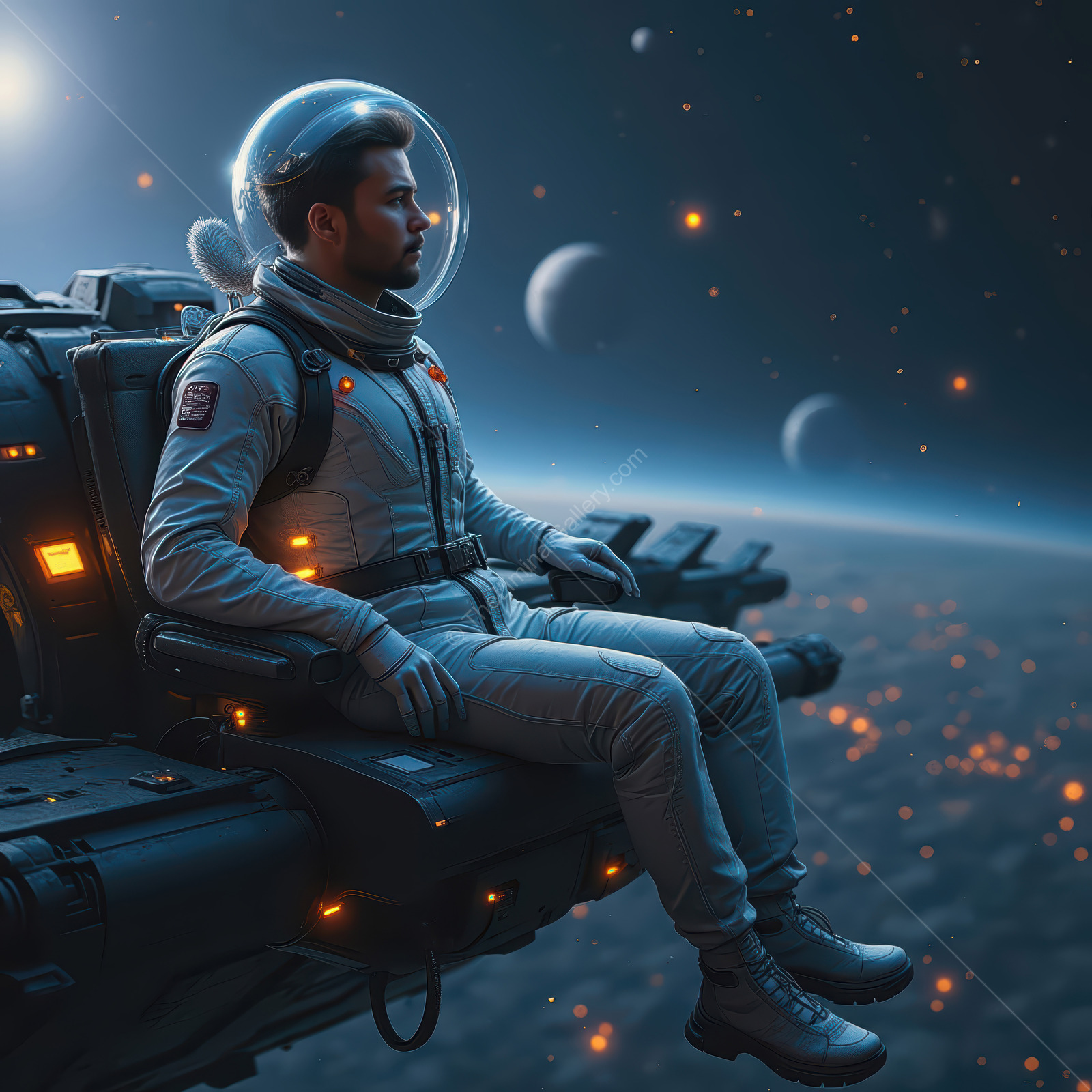 Astronaut gazes at distant planets from his futuristic spacecraft in a stunning sci-fi setting