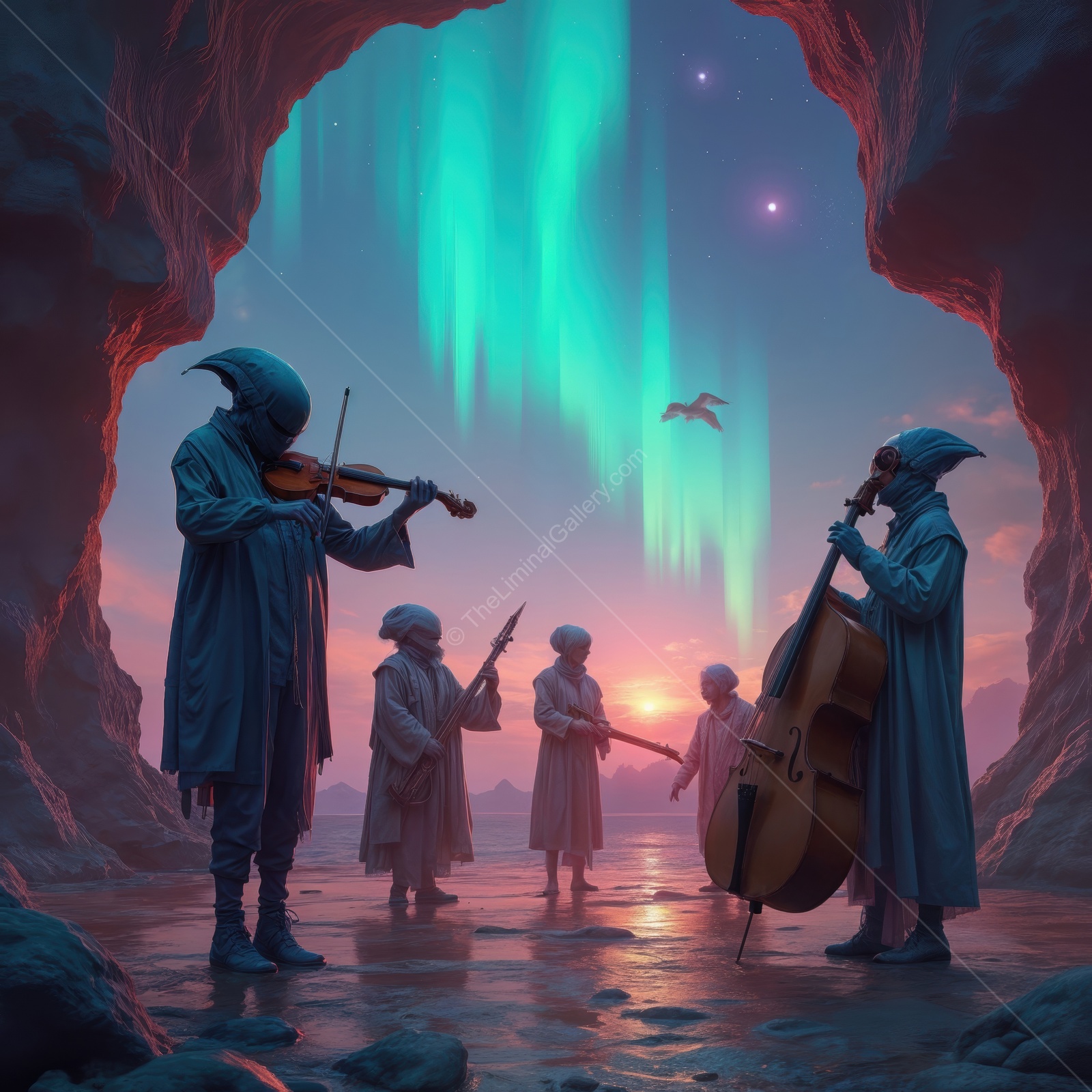 Distant melodies echo under the shimmering auroras in an otherworldly landscape of harmony and light