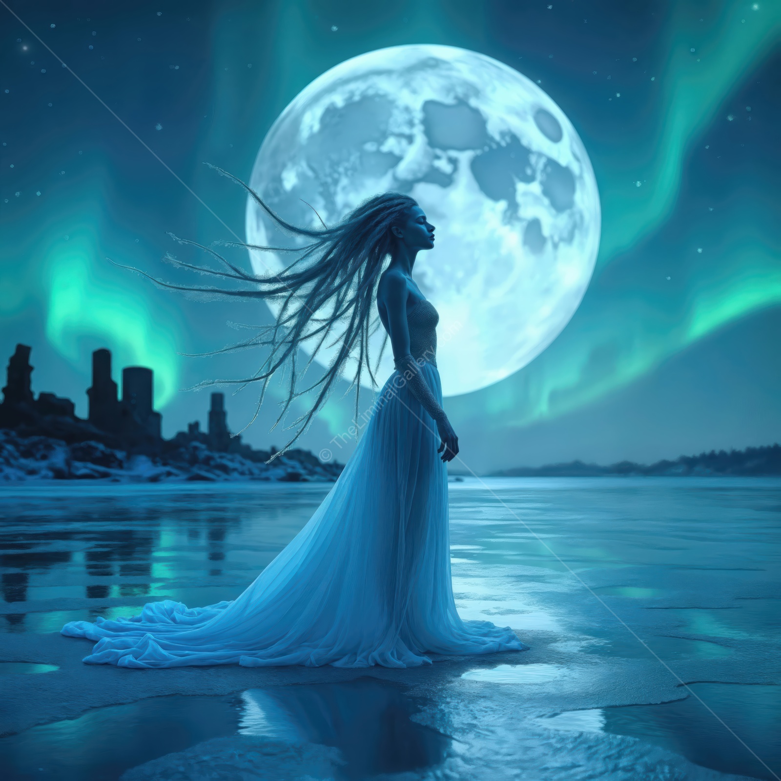 Enigmatic figure stands by the tranquil lake under a full moon, surrounded by ethereal auroras in a futuristic landscape