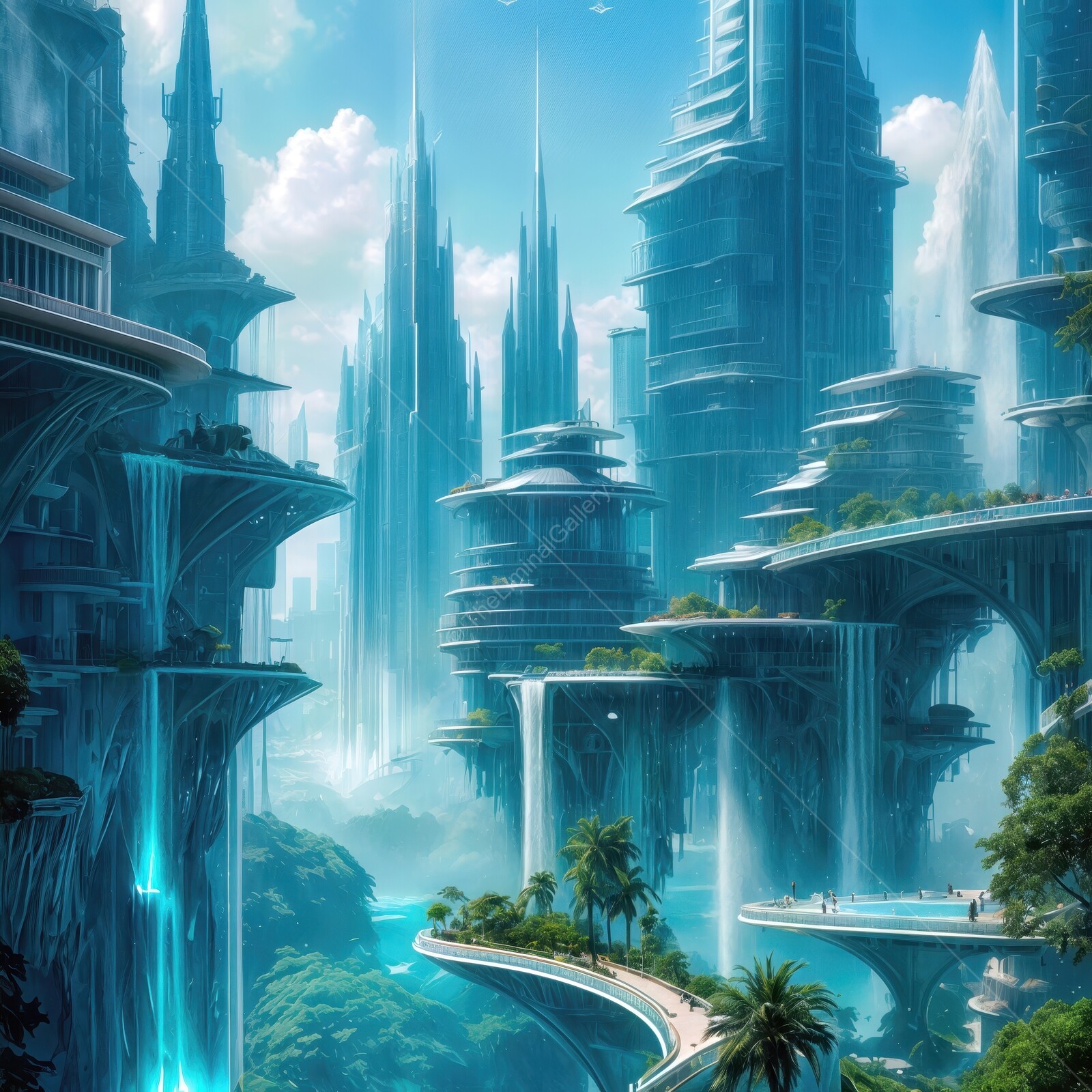 Futuristic cityscape with floating gardens and shimmering waterfalls in a vibrant atmosphere