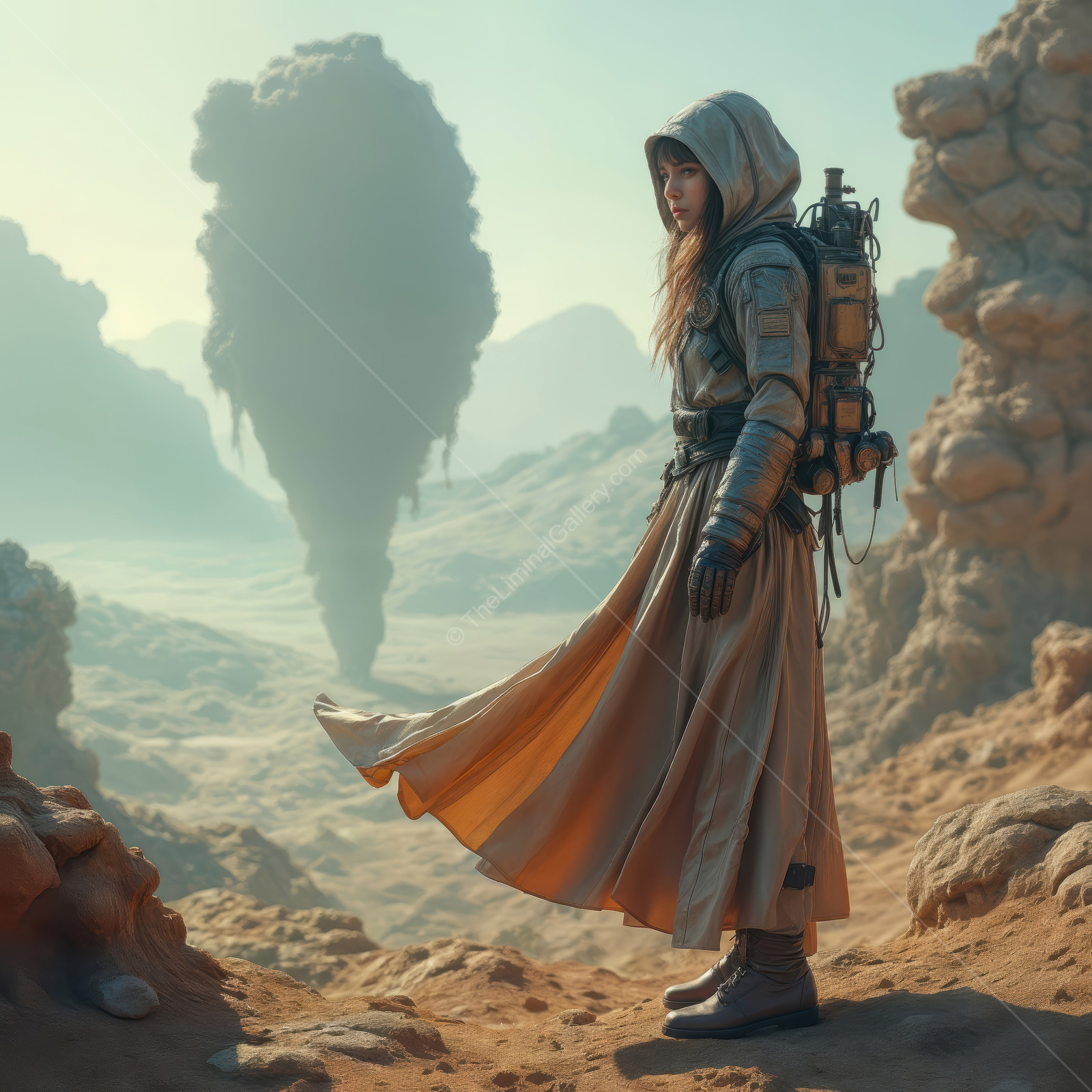 Striking vision of a mysterious traveler in a barren sci-fi landscape