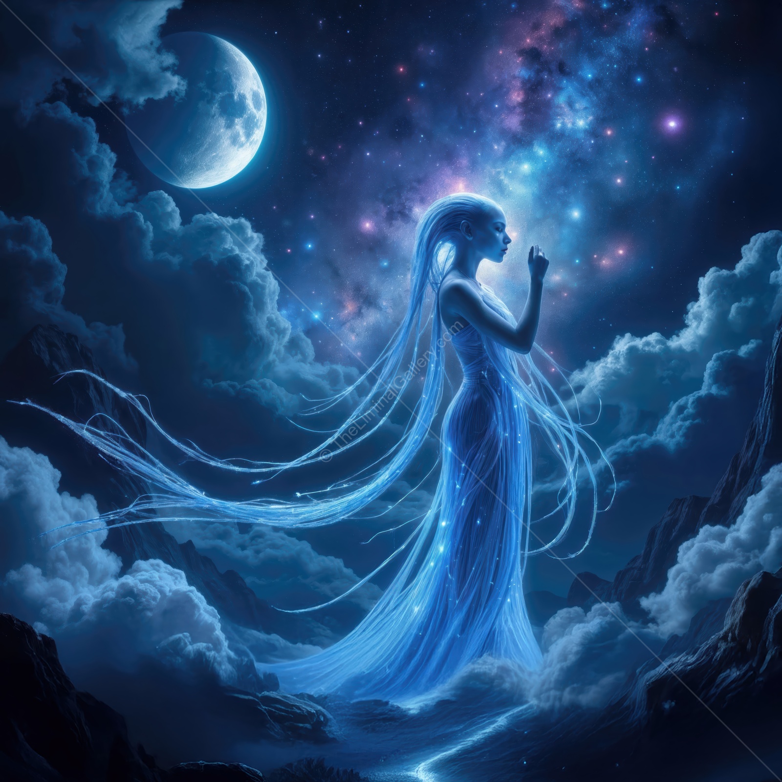 Mystical woman in glowing blue light gazes at the stars in a cosmic landscape during a serene night