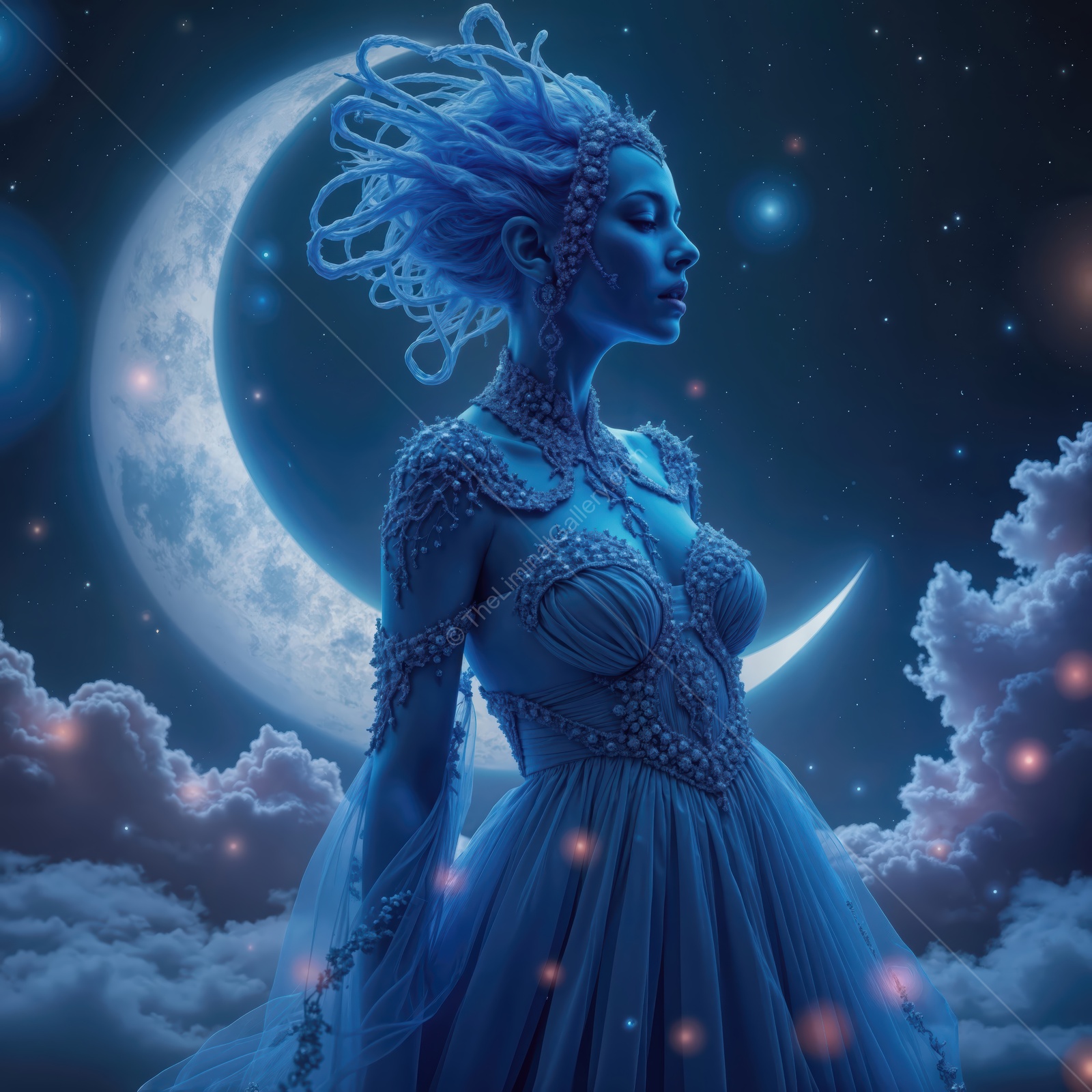 Enchanted lunar figure draped in shimmering blue, poised against a cosmic backdrop at twilight