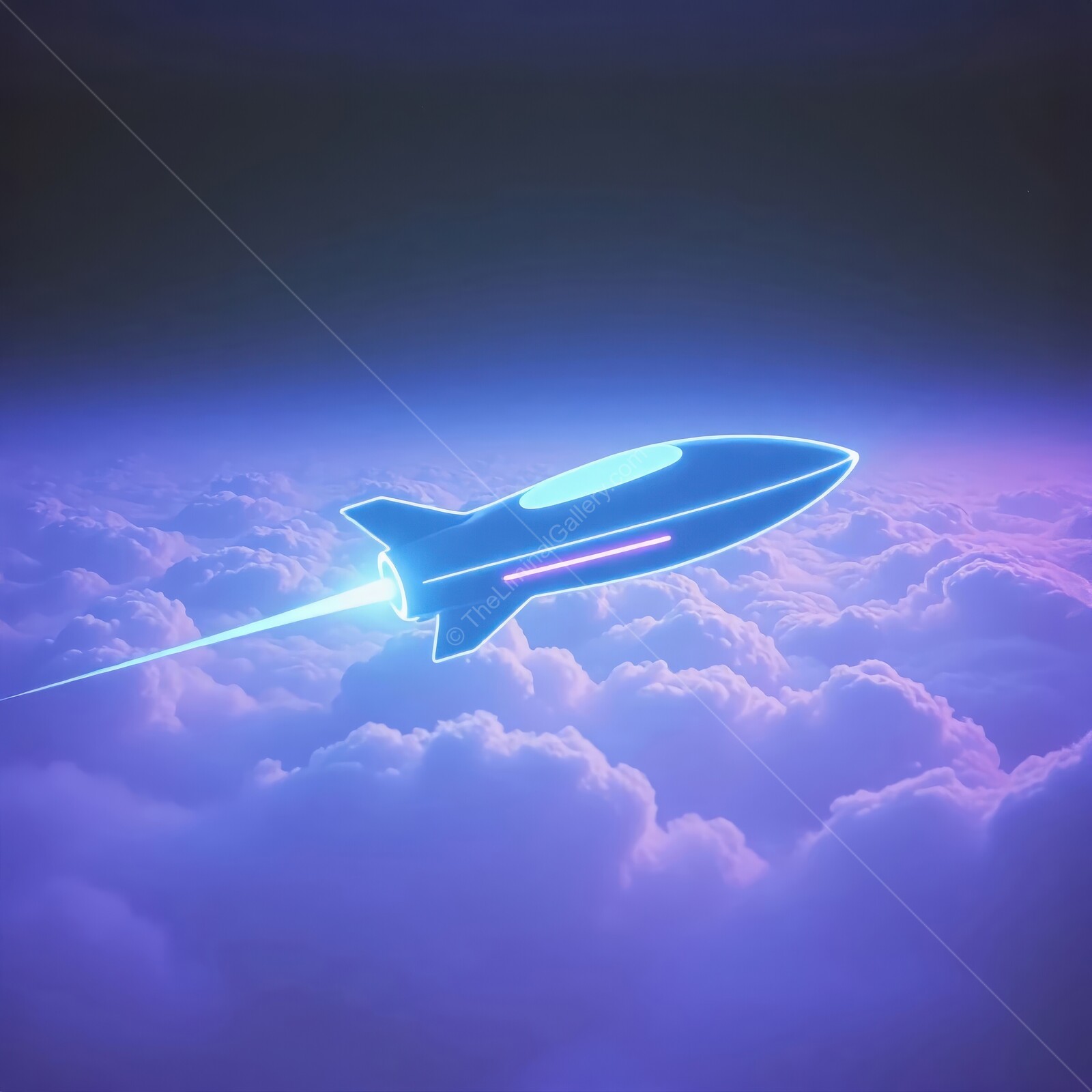 Bright cartoon neon rocket soaring through dreamy purple clouds at dusk