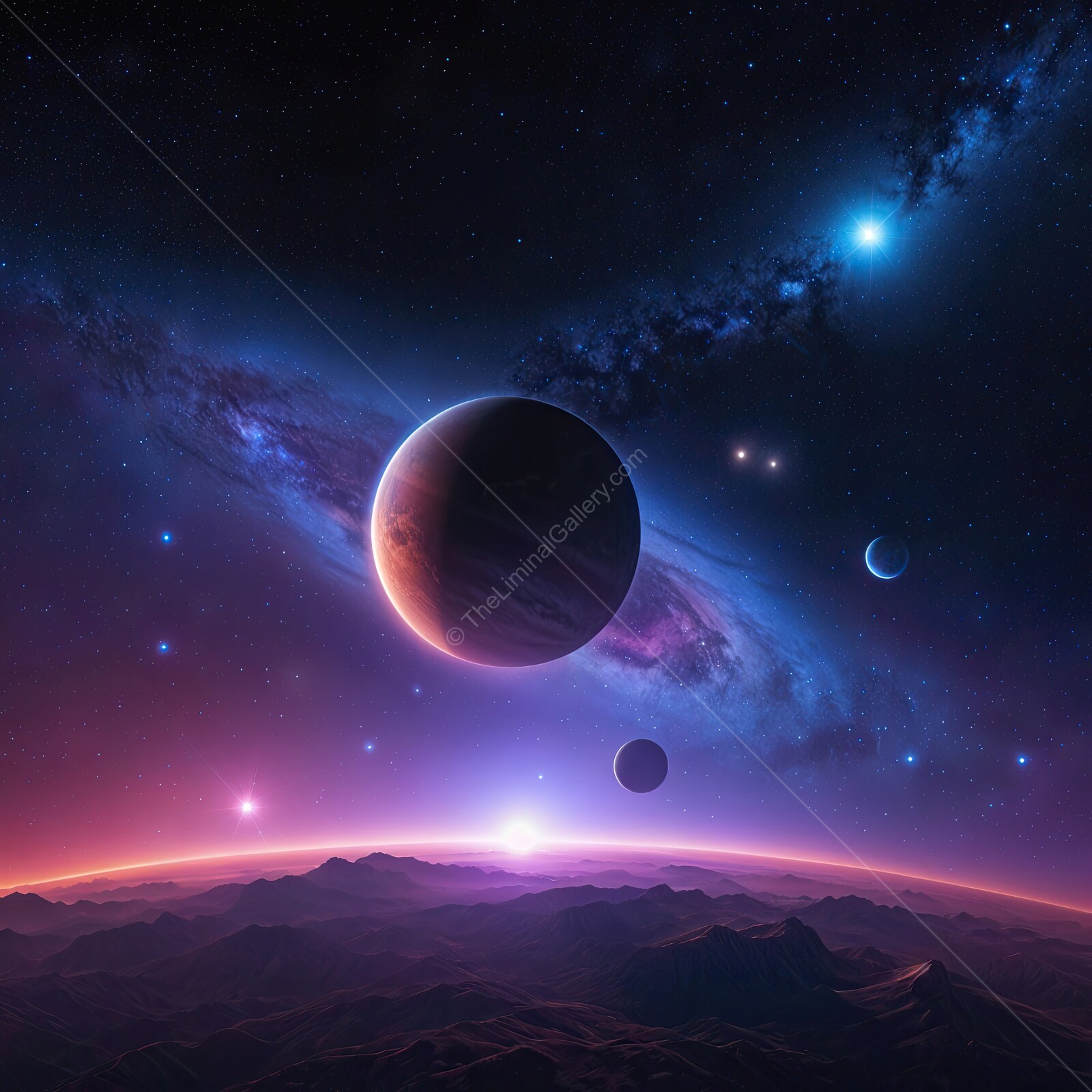 Cosmic dance of planets in a vibrant universe at dawn