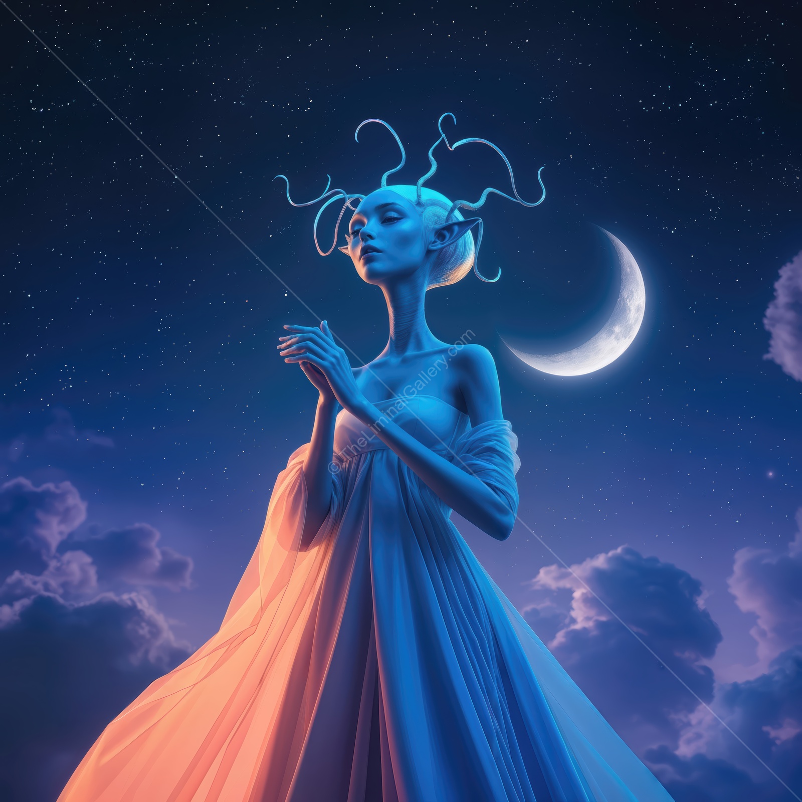 Celestial figure stands beneath a glowing crescent moon in a vibrant and surreal night sky
