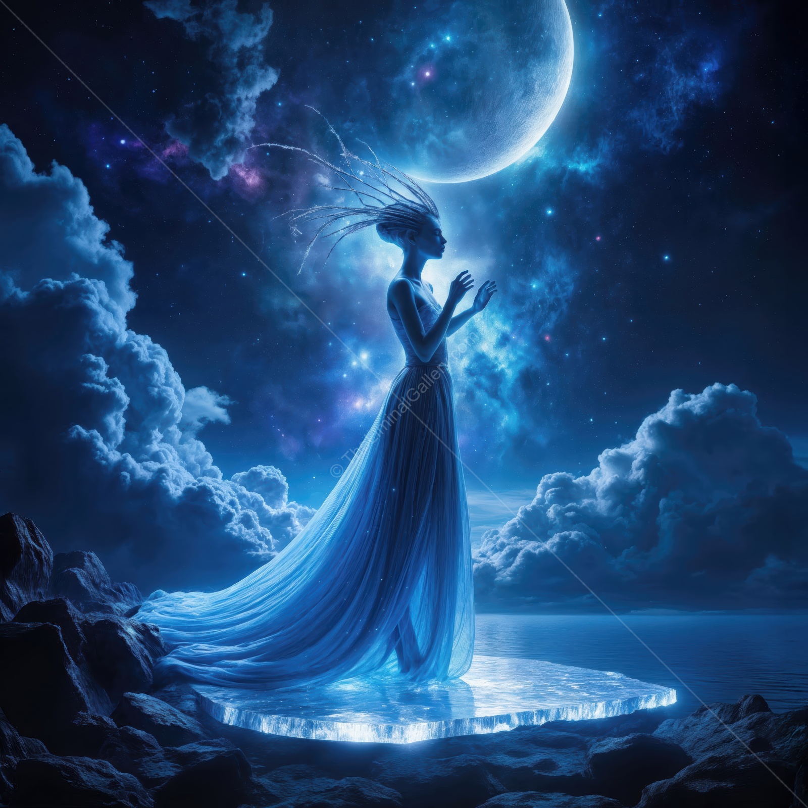 Enchanting celestial figure in a dreamlike landscape under a luminous moon