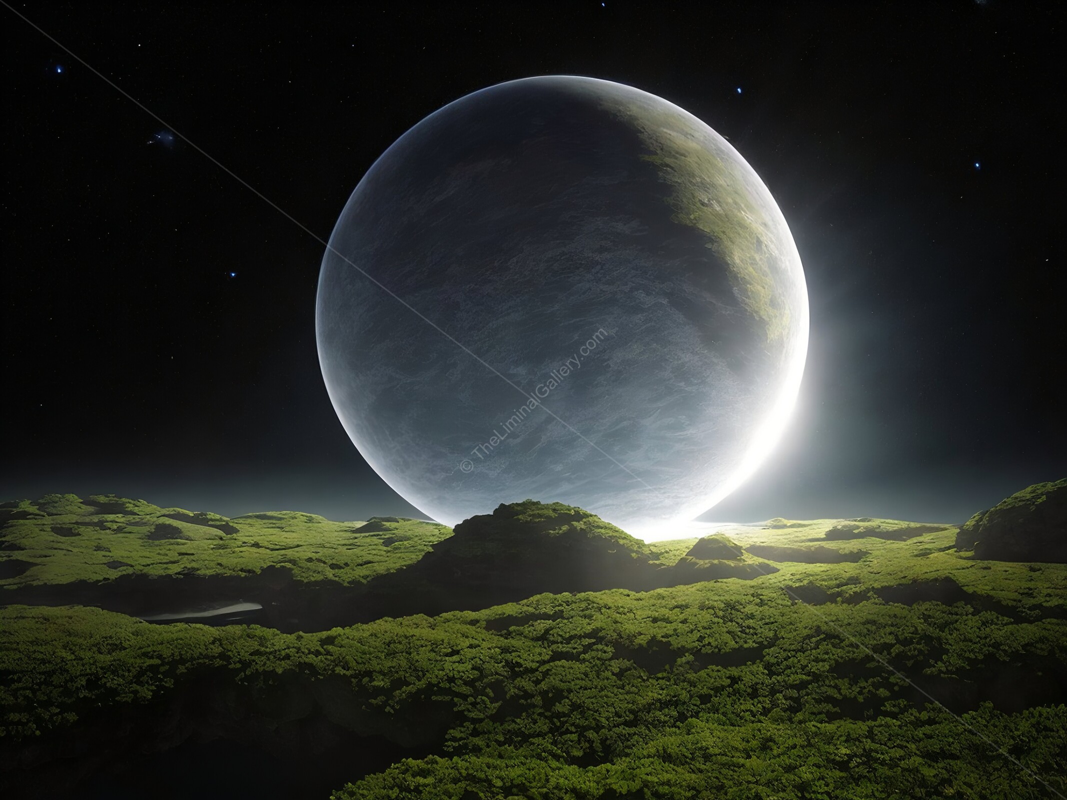 Mysterious alien landscape illuminated by a distant celestial body at dawn