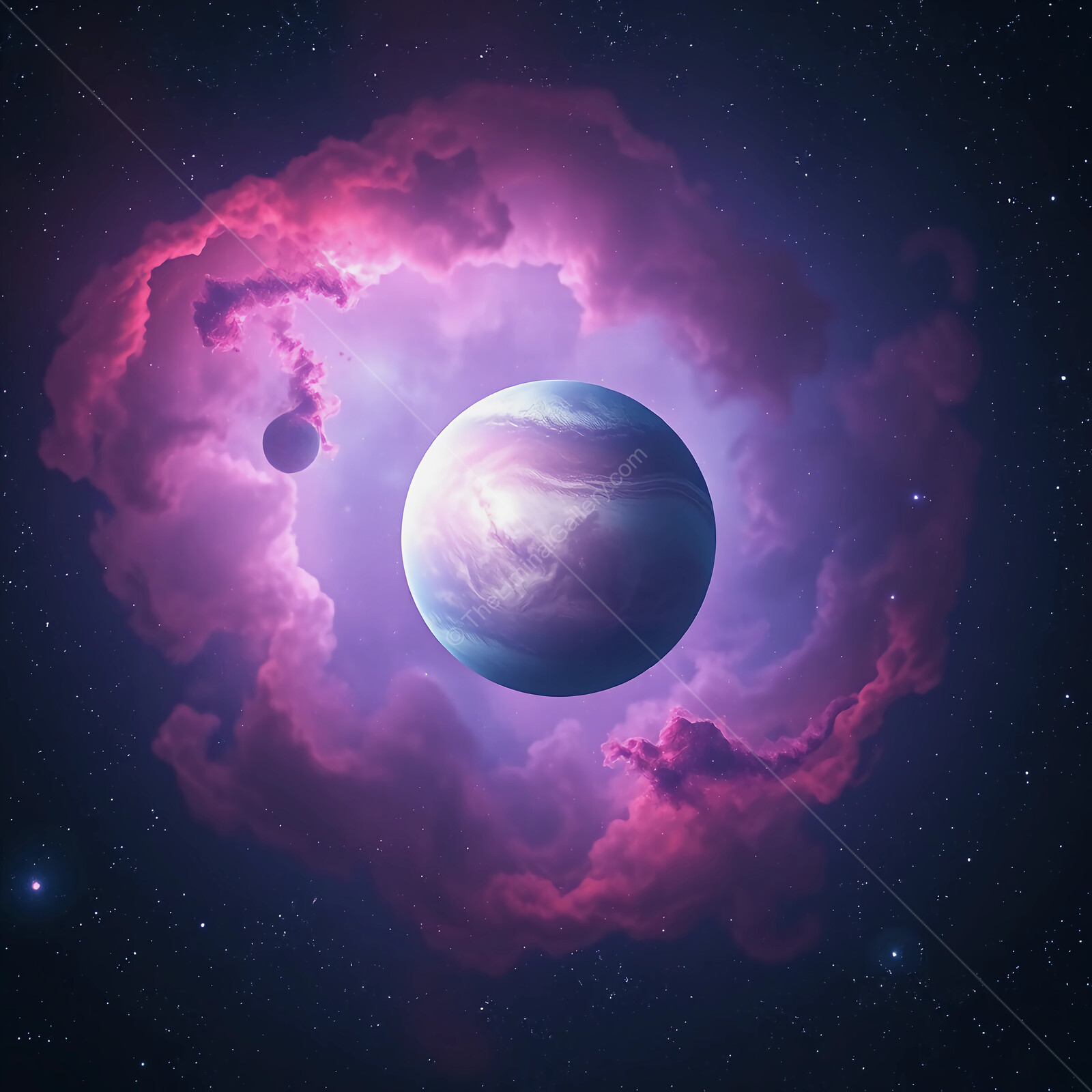 Celestial dance of colorful clouds surrounding a distant planet in the vast cosmos