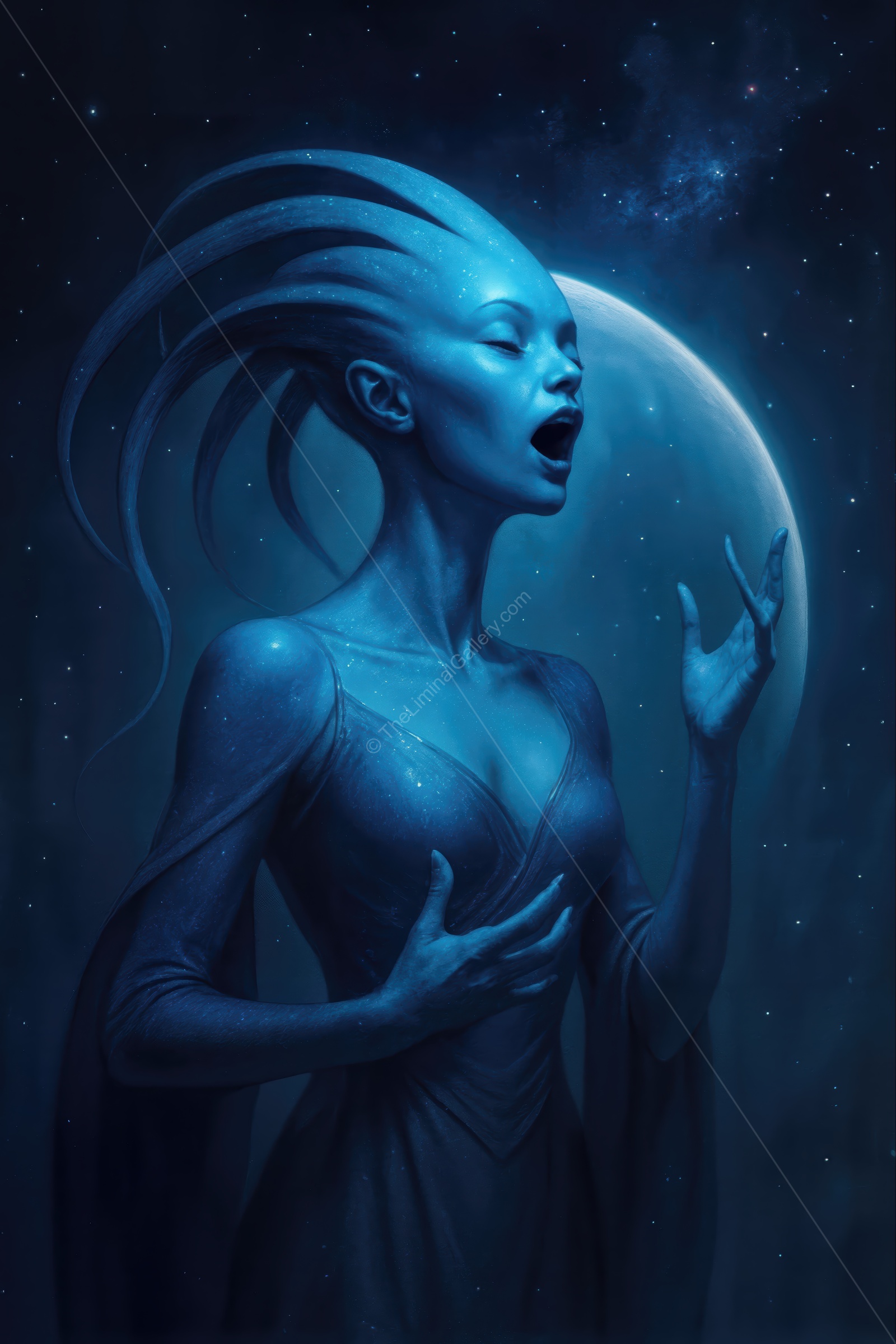 Celestial songstress sings under the distant glow of a cosmic moon in a futuristic world