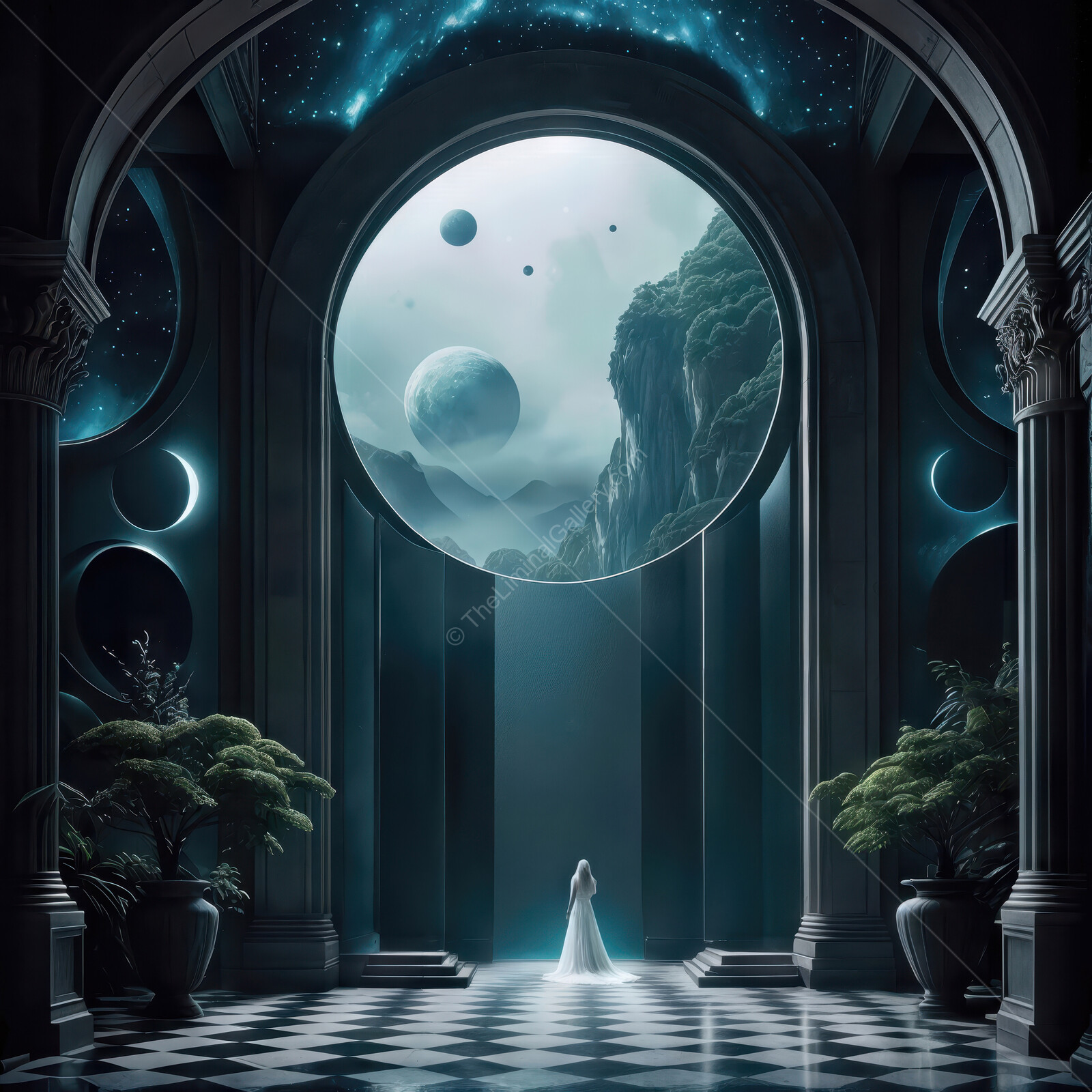 Enchanting gathering of celestial wonders beneath a cosmic portal at twilight