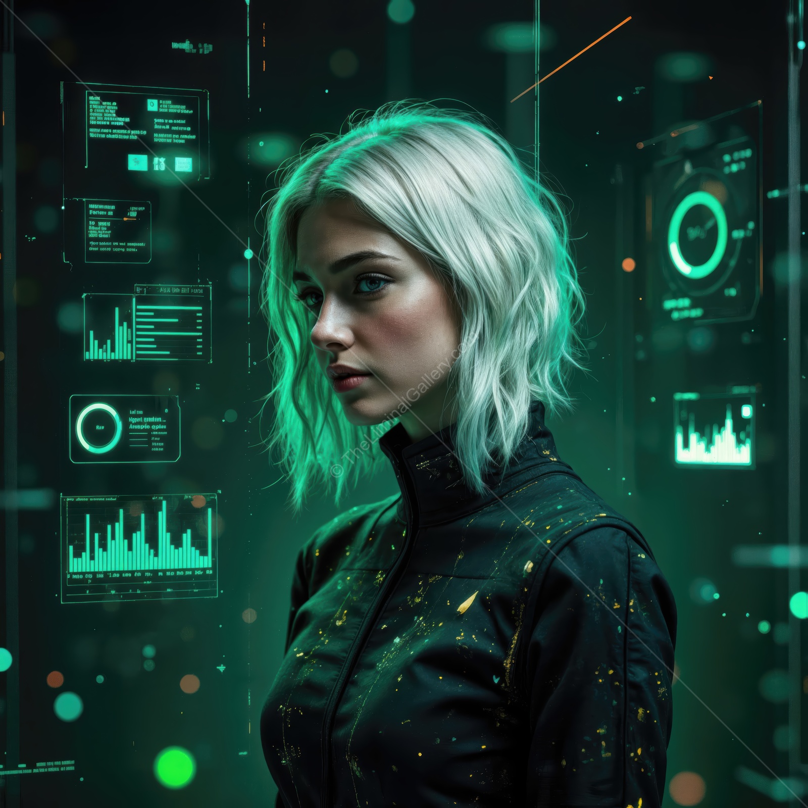 Futuristic woman surrounded by floating digital interfaces in a sci-fi city at night