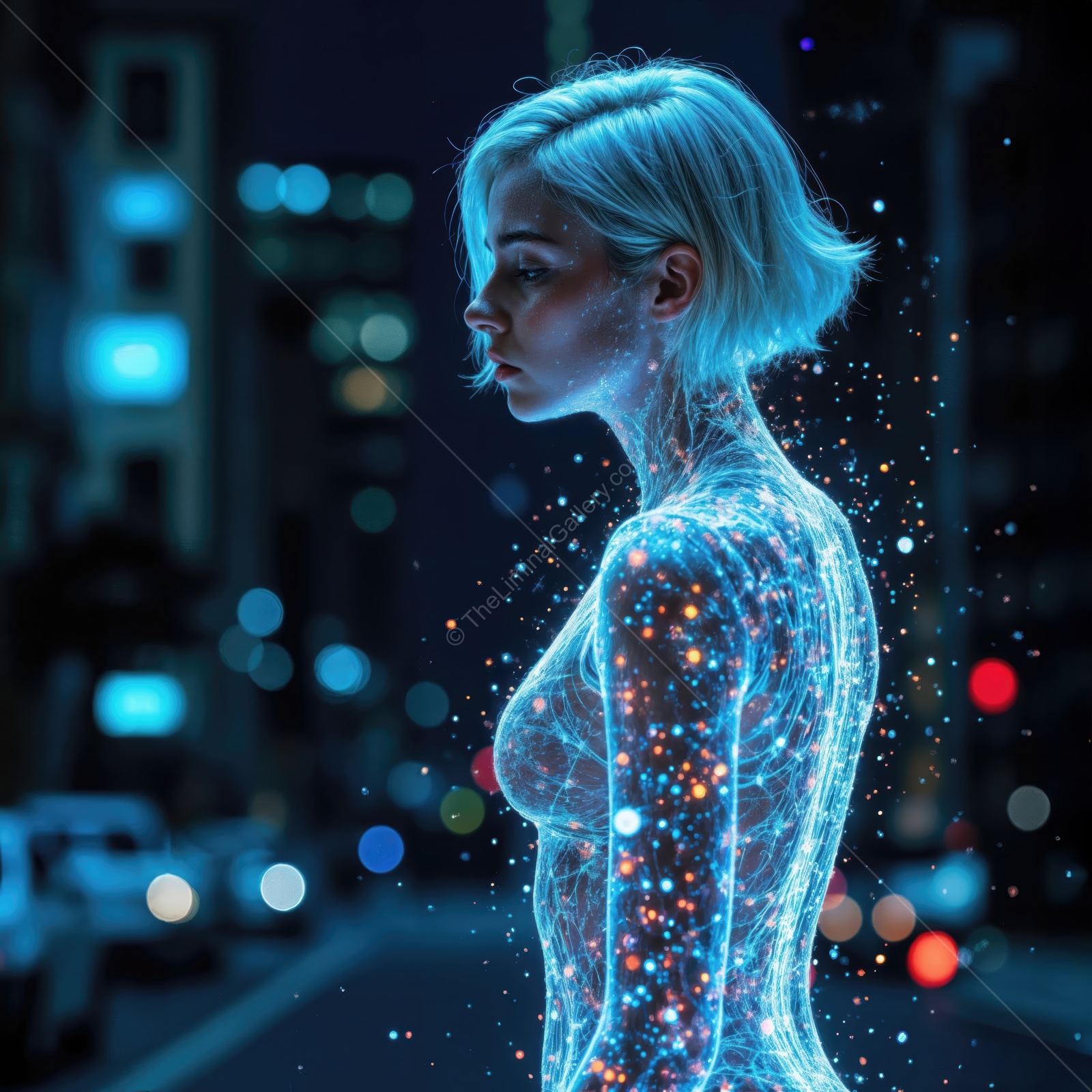 In a vibrant city at night, a striking figure stands against a backdrop of illuminated buildings