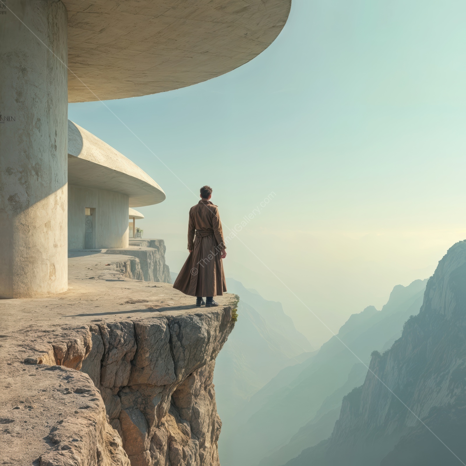 Exploring a futuristic cliffside retreat against a stunning mountain backdrop in the twilight of a sci-fi world
