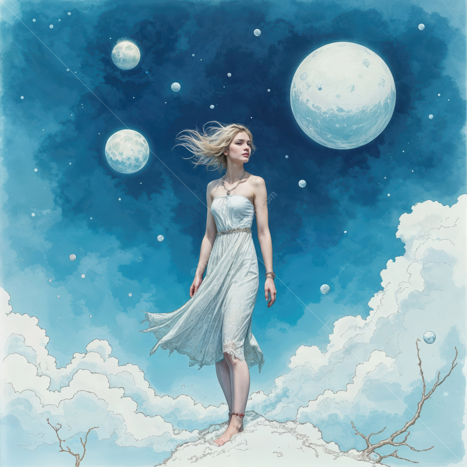 Daring journey through a mystical sky filled with moons and clouds