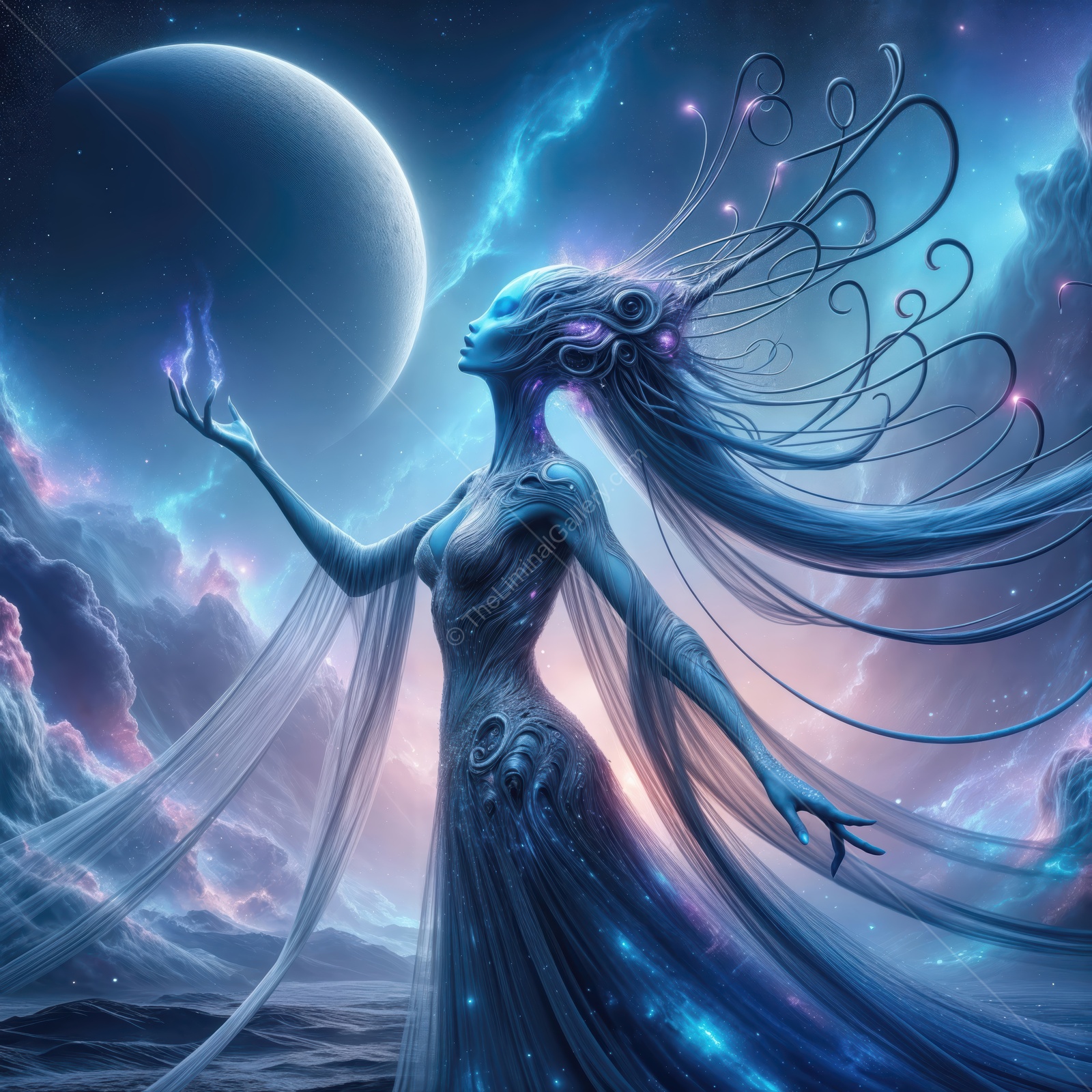 Enchanting cosmic being gracefully conjures energy under a vivid alien sky in a distant galaxy