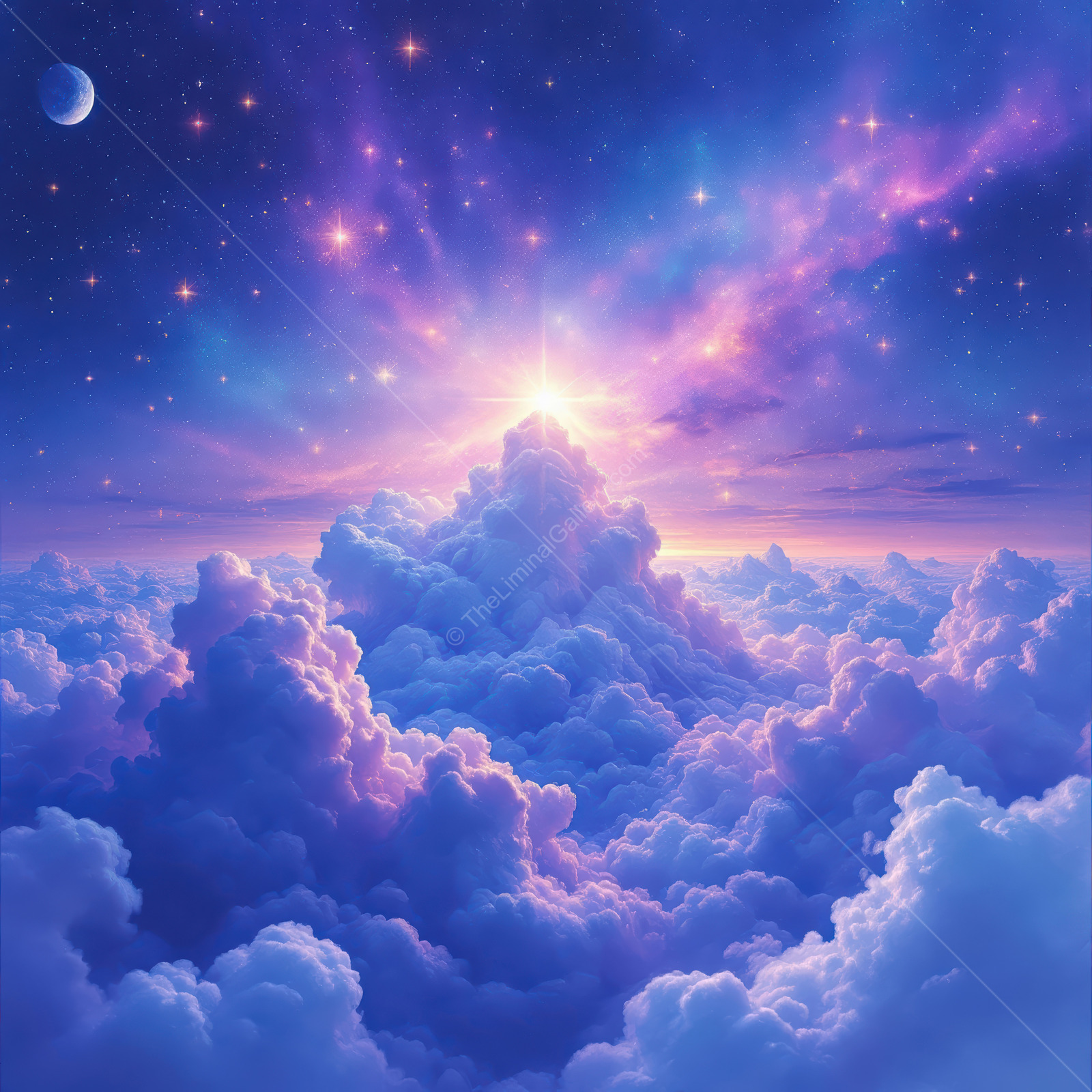 A dazzling cosmic cloudscape illuminates a mystical sky with stars in a vibrant sci-fi scene