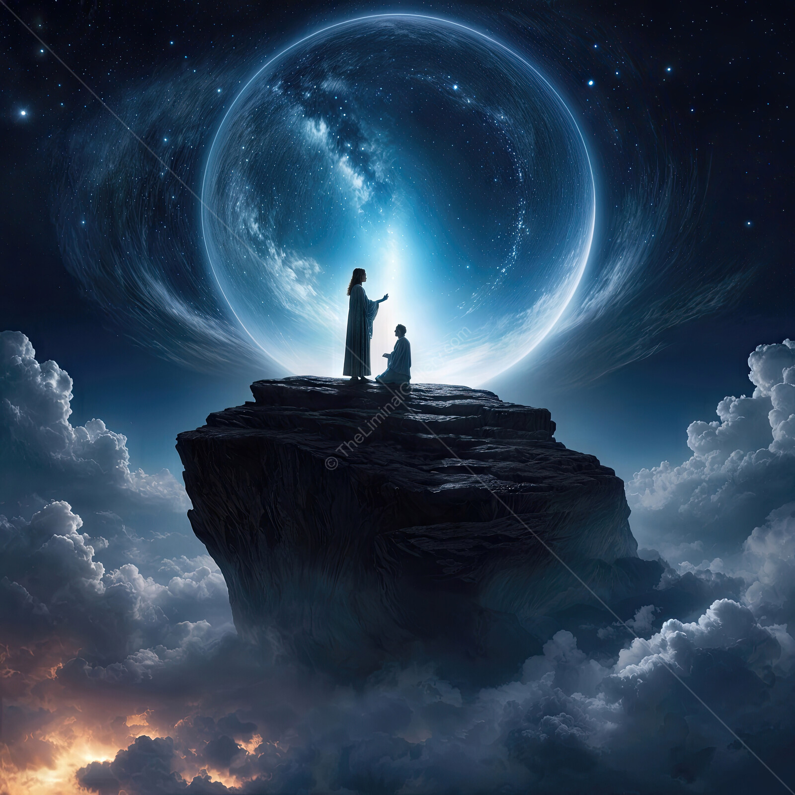 Cosmic encounter between a celestial figure and a seeker on a rugged cliff under a luminous moonlit sky