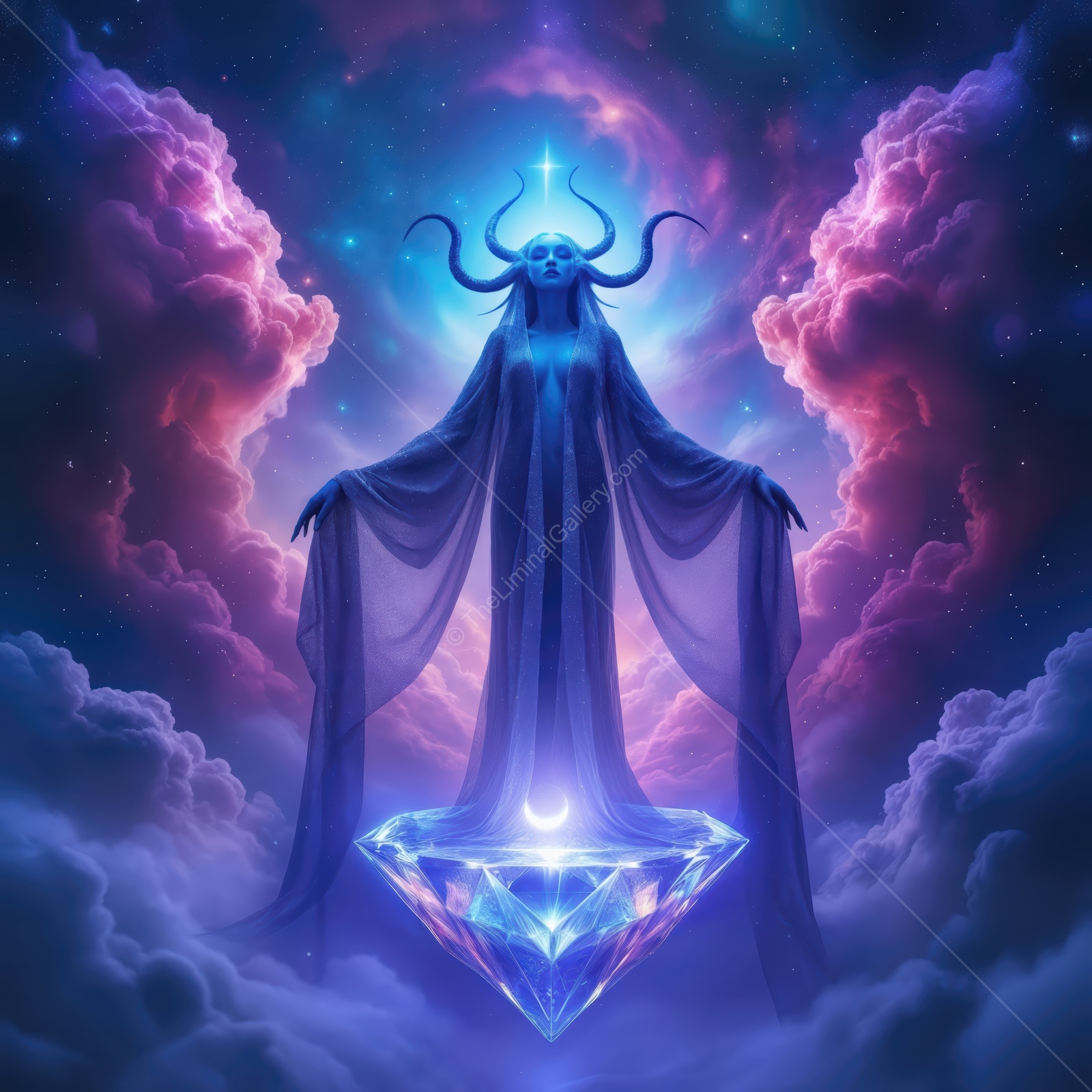 Glistening in cosmic shadows, a mystical figure emerges from colorful clouds with a radiant crystal below, capturing the essence of a sci-fi dreamscape
