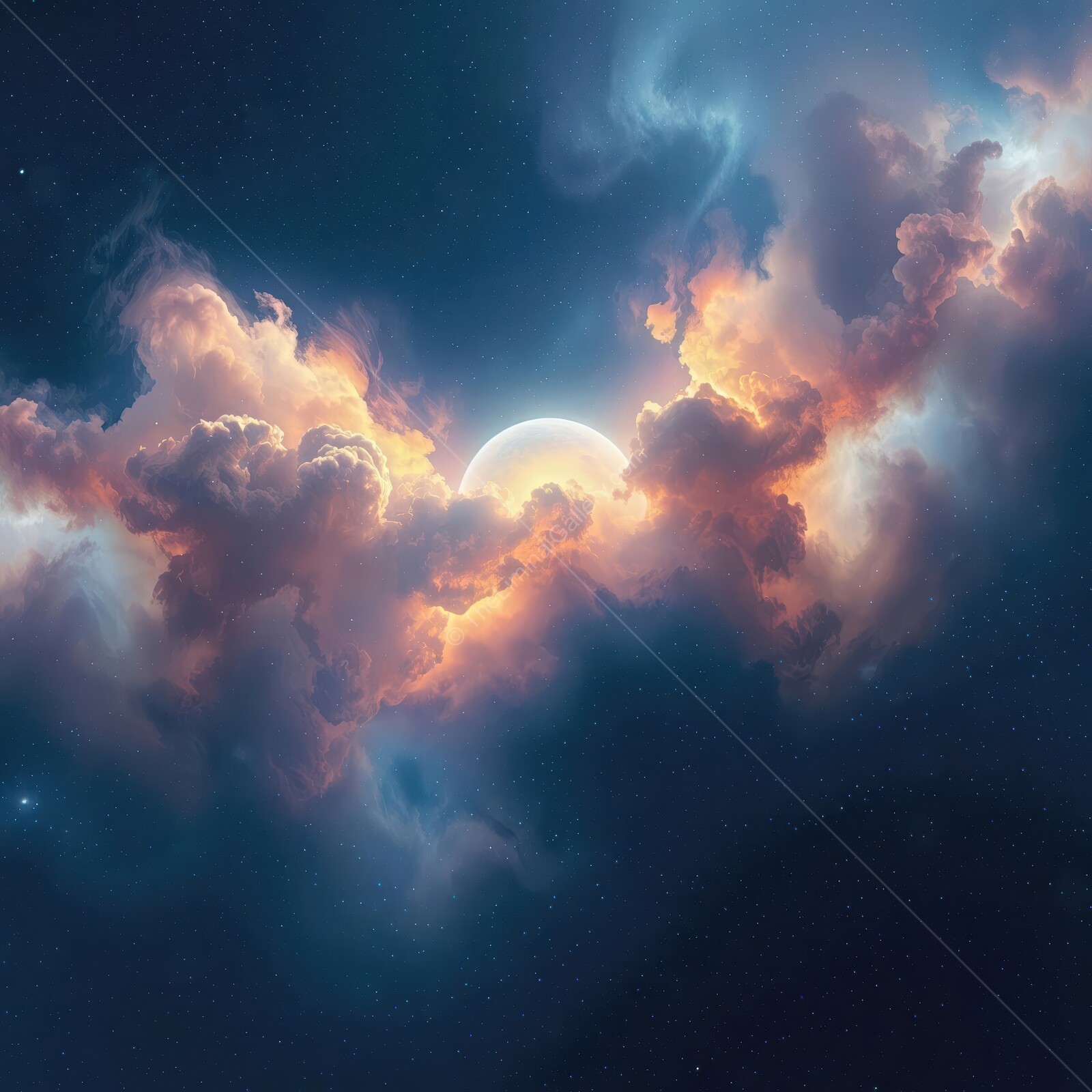 Celestial clouds embrace a glowing orb amidst the vast cosmic expanse