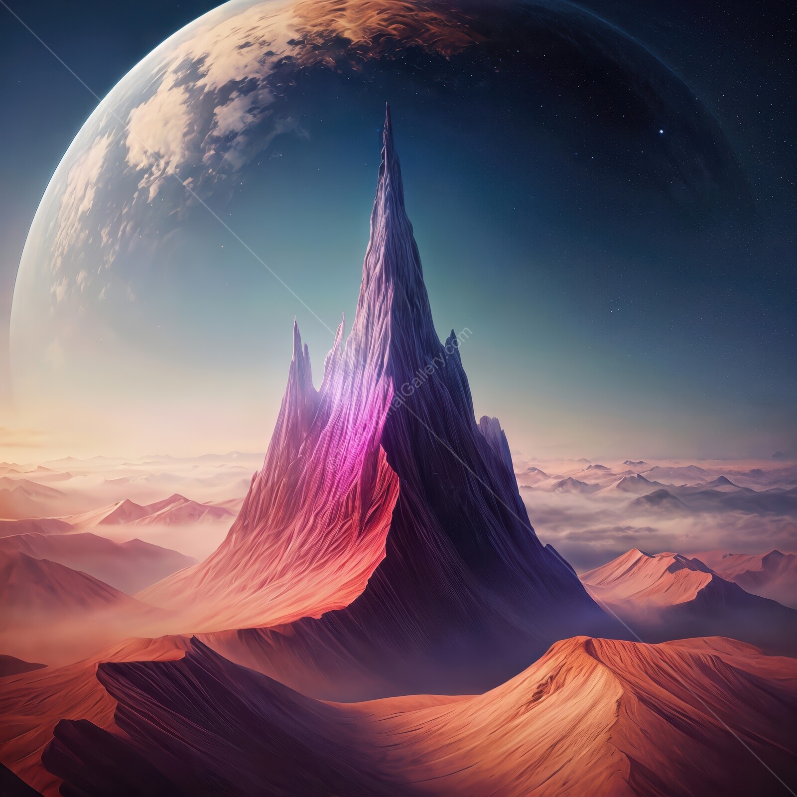 Cosmic peak rises majestically beneath a swirling celestial sky in a dreamlike landscape filled with vibrant colors