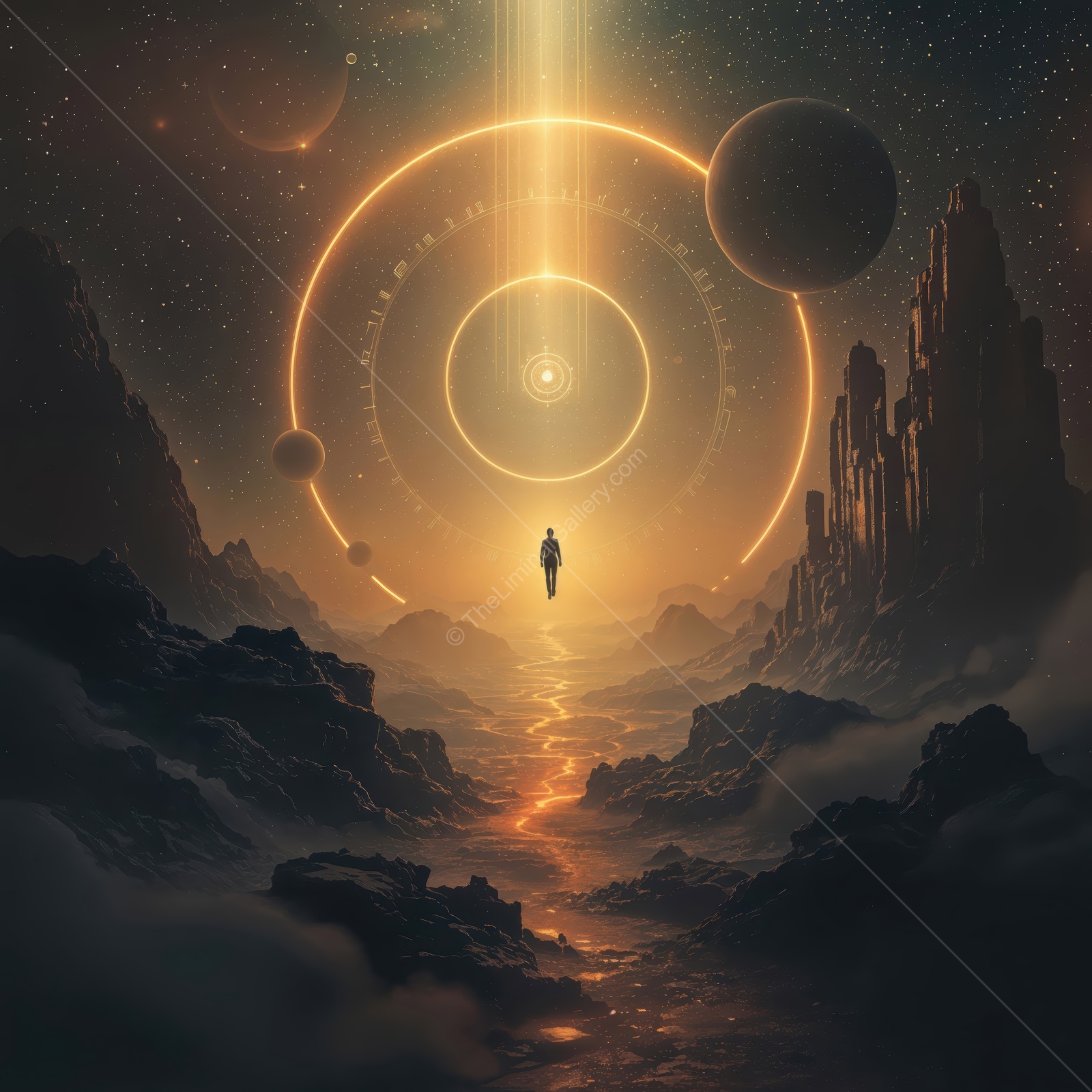 Journey through a cosmic portal into a vibrant alien landscape filled with swirling galaxies and distant planets