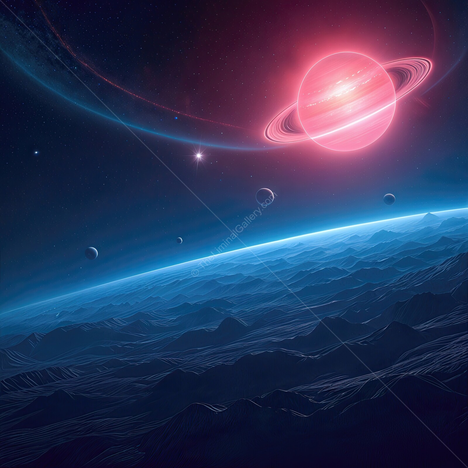 Stunning sci-fi cosmic vista reveals a distant planet illuminated by a glowing star and surrounded by multiple orbiting moons