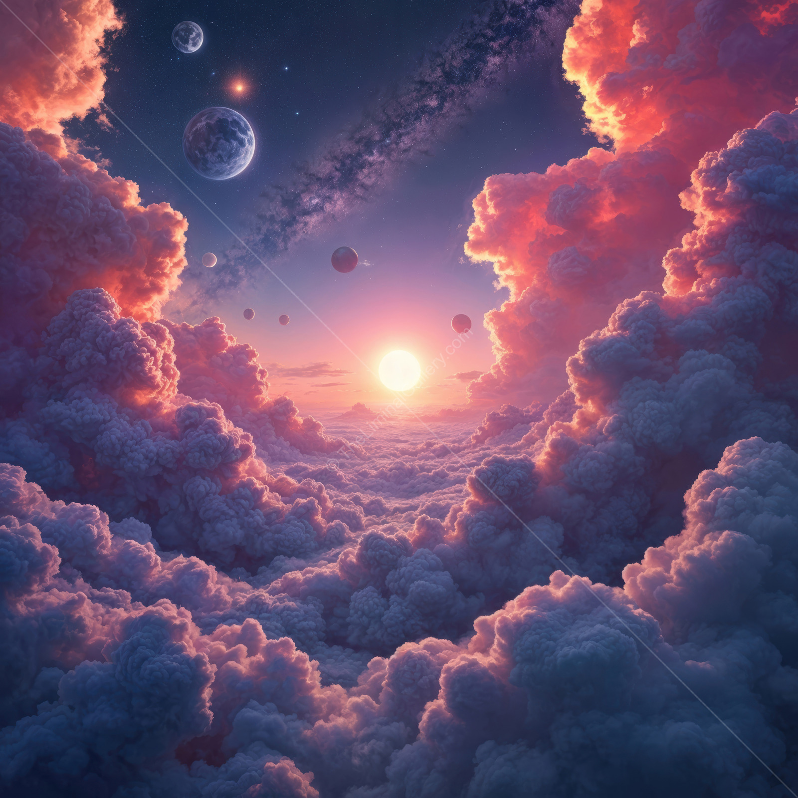 Celestial wonders reveal a breathtaking sunset among vivid clouds and distant planets in a sci-fi landscape