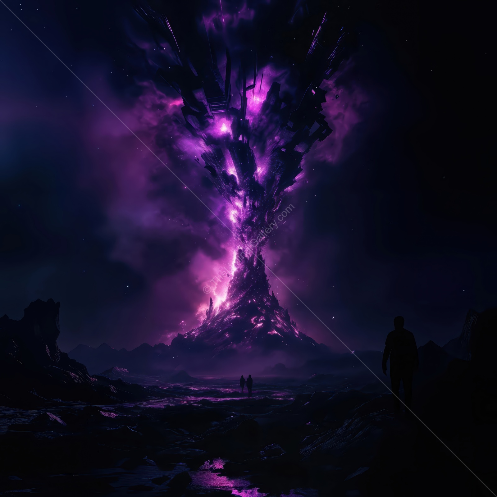 Majestic cosmic tree erupts in a vibrant display of light under a starlit sky