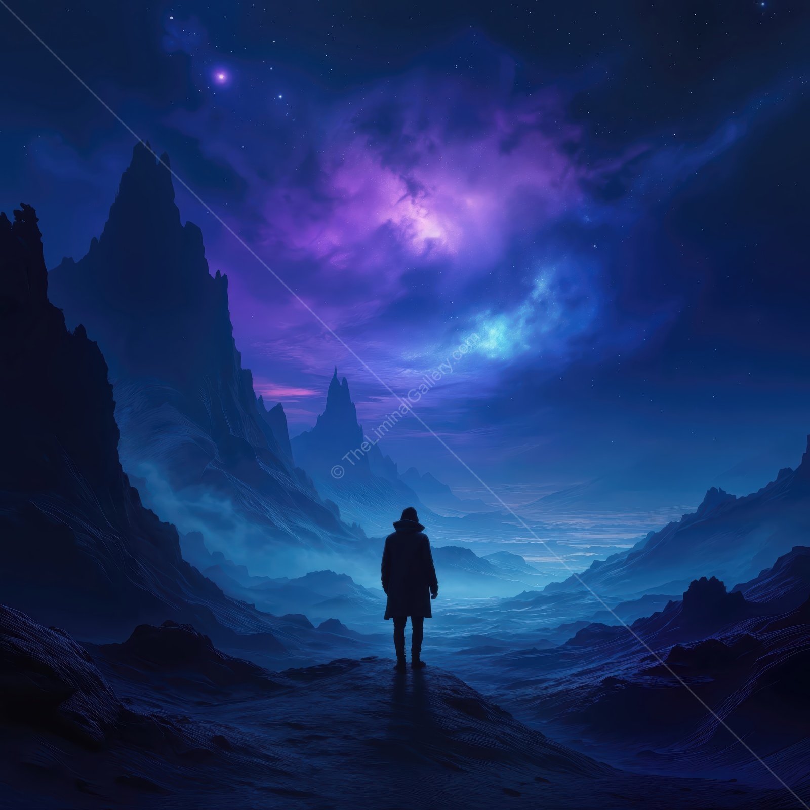 Journey through the cosmic valley under a starry sky, where vibrant colors dance among distant mountains