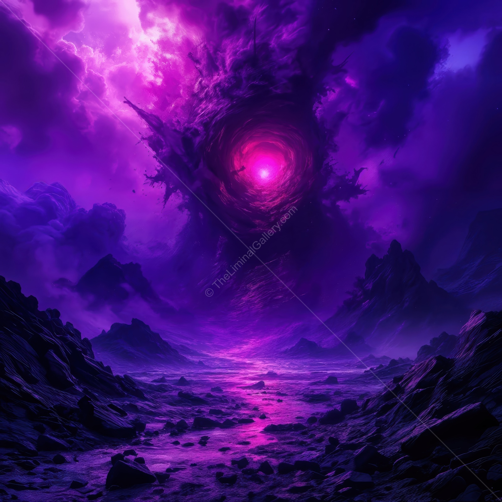 Mysterious cosmic vortex swirling above a dark alien landscape during an otherworldly twilight