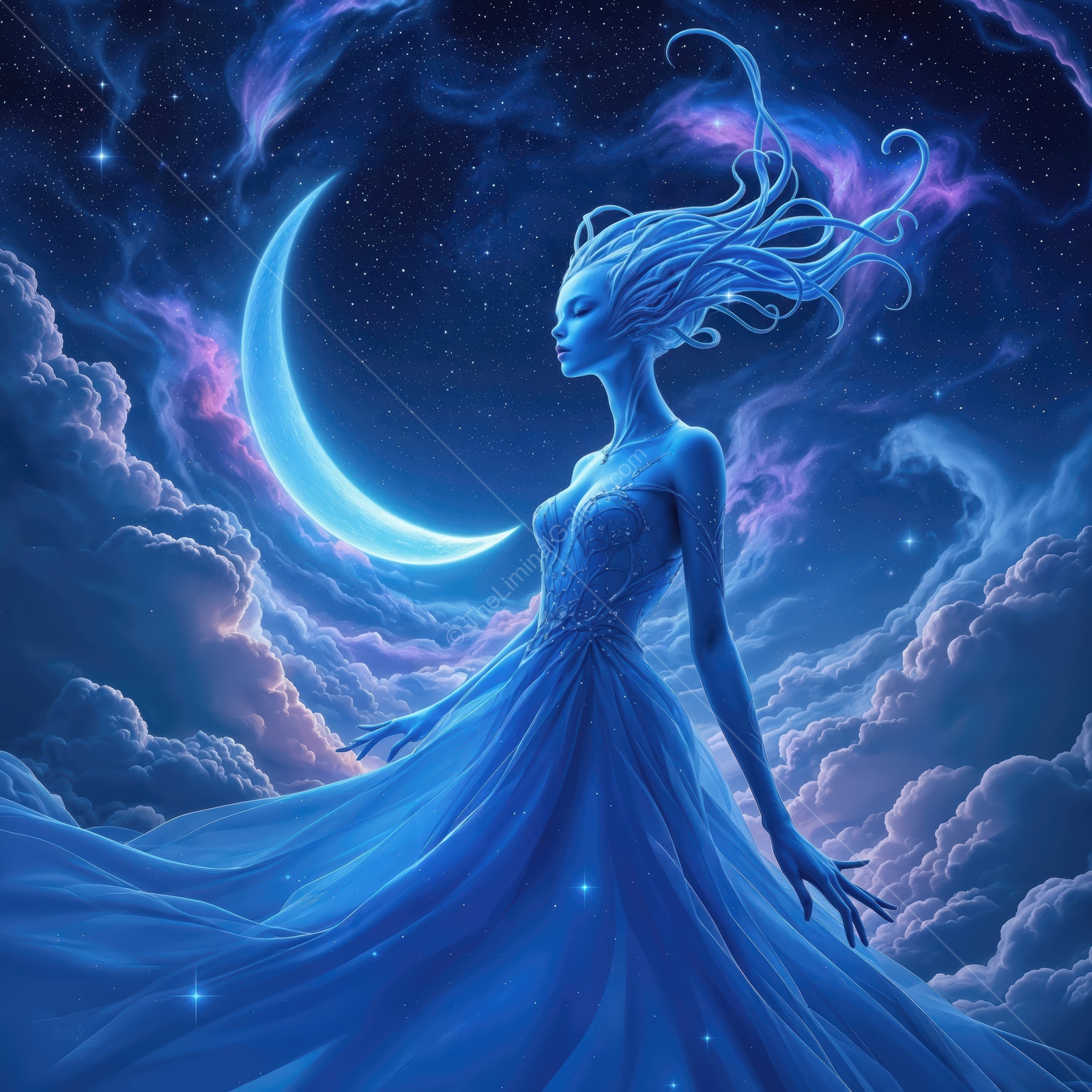 Mystical figure in blue dress dances under a glowing crescent moon in a starry night sky
