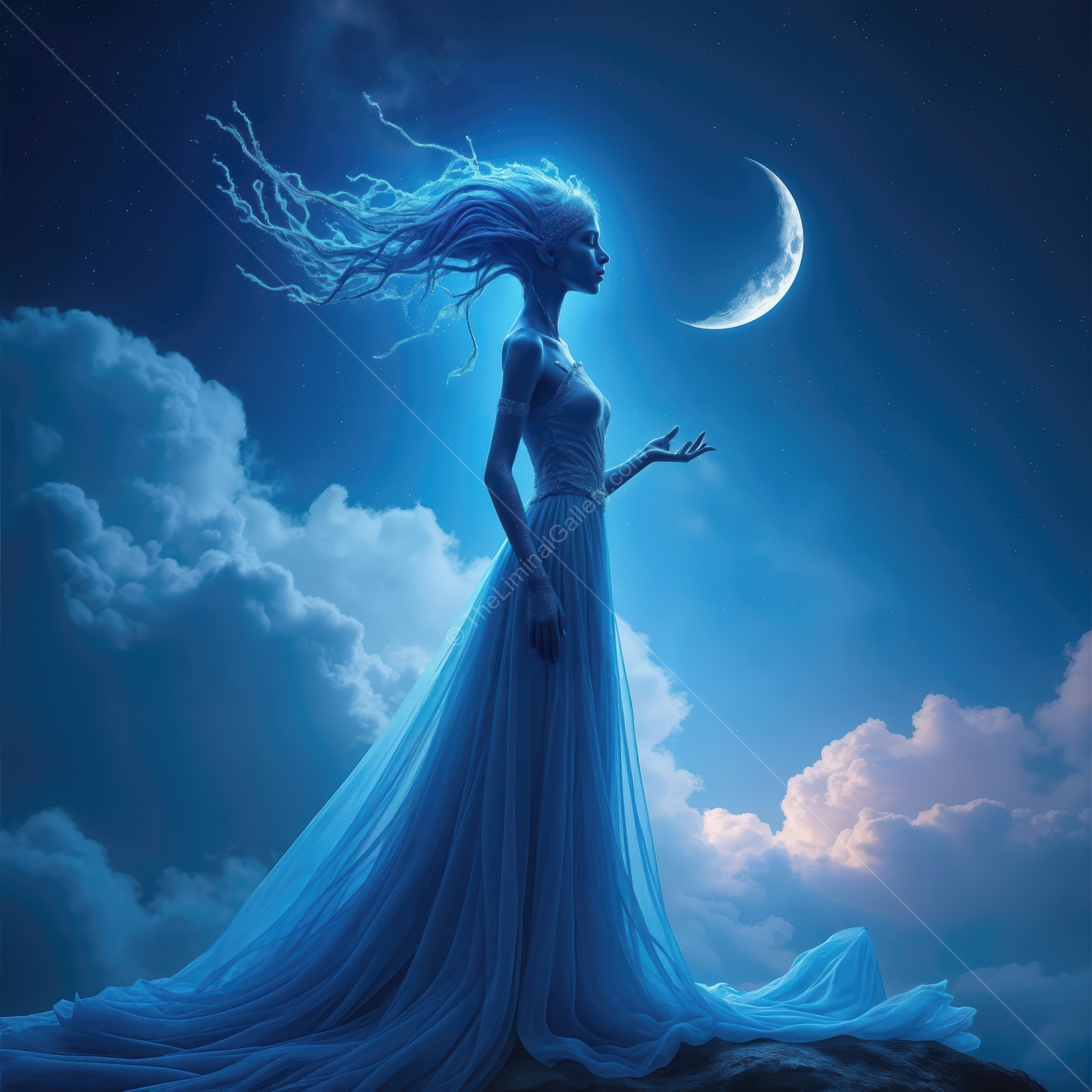 Mystical figure gazes at the crescent moon under a starry sky in a captivating sci-fi landscape