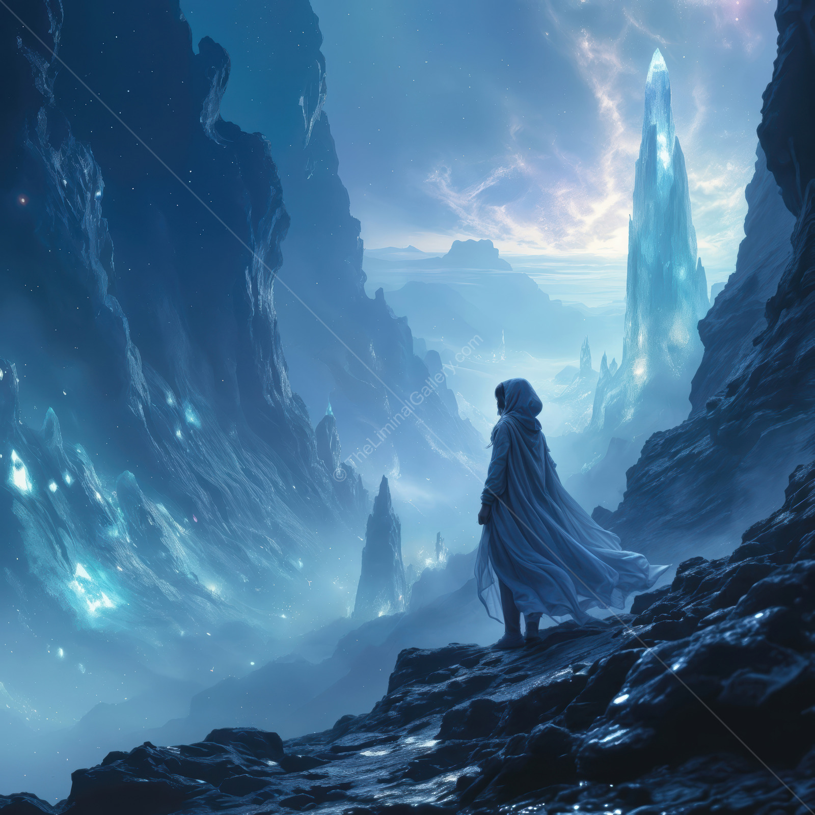 Mysterious traveler gazes at shimmering crystalline landscape in a futuristic world filled with wonders