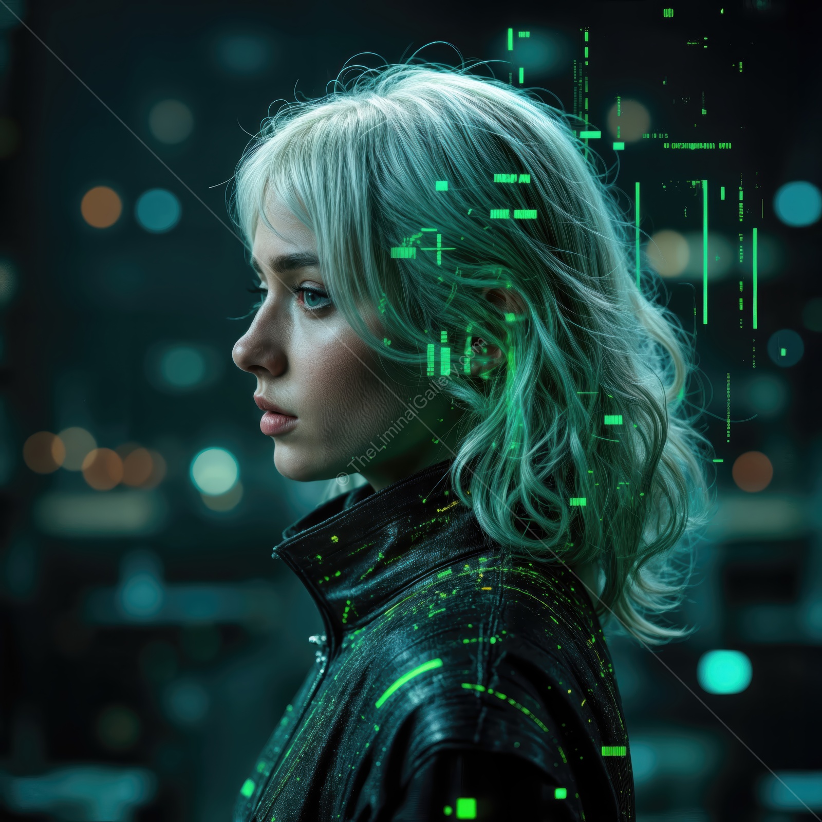 Futuristic woman with glowing patterns in a cybernetic cityscape at night