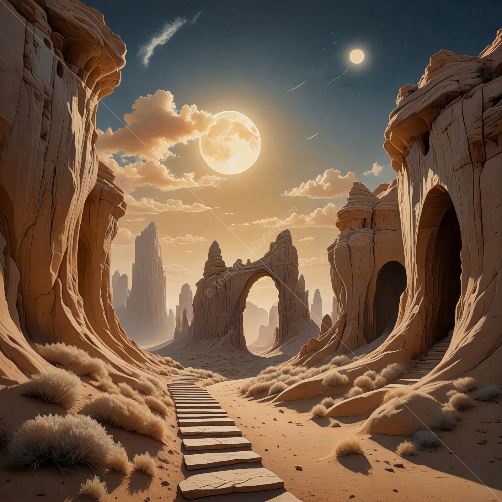 Majestic desert landscape illuminated by a glowing moon and distant celestial bodies in a tranquil evening sky