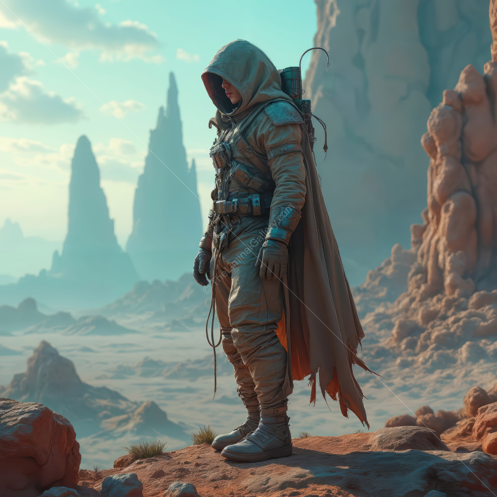 Vast desolate landscape hosts a lone figure in a futuristic cloak exploring alien terrain