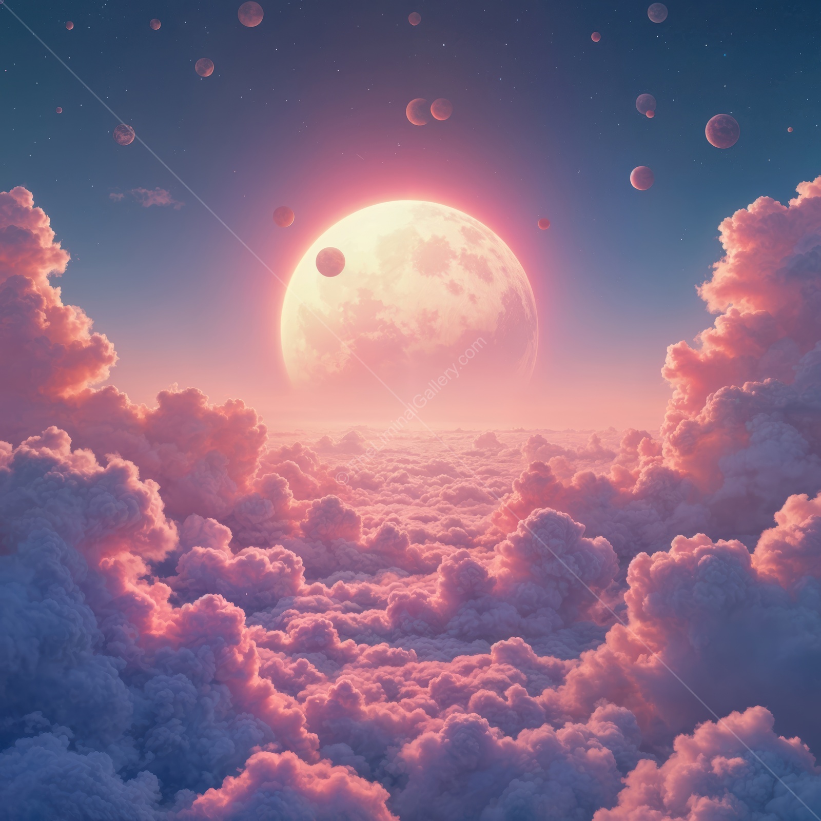 Dreamlike sci-fi landscape with vibrant clouds and celestial bodies illuminating the horizon