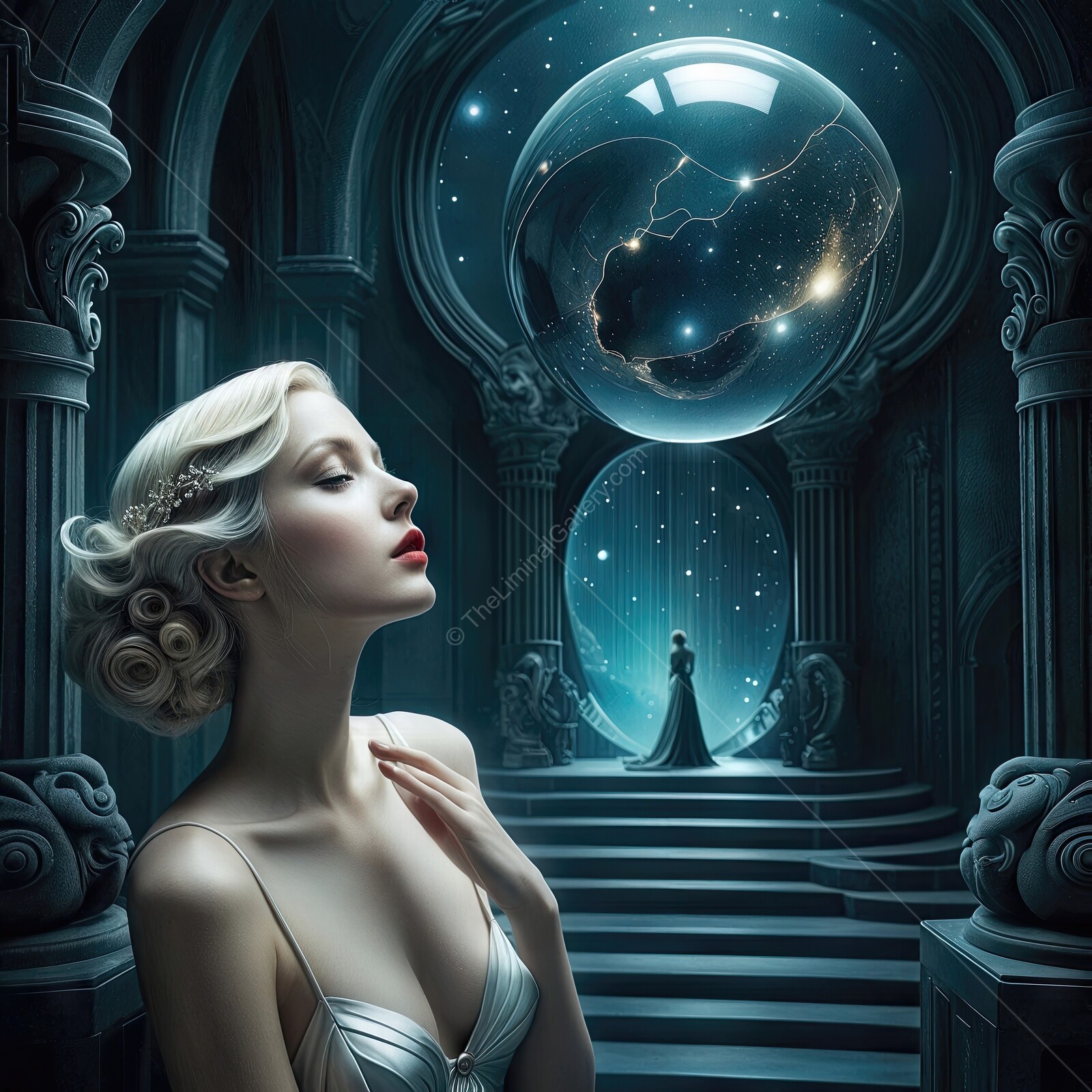 Enchanted vision of a dreamer gazing into the cosmic sphere of possibilities in a mystical realm