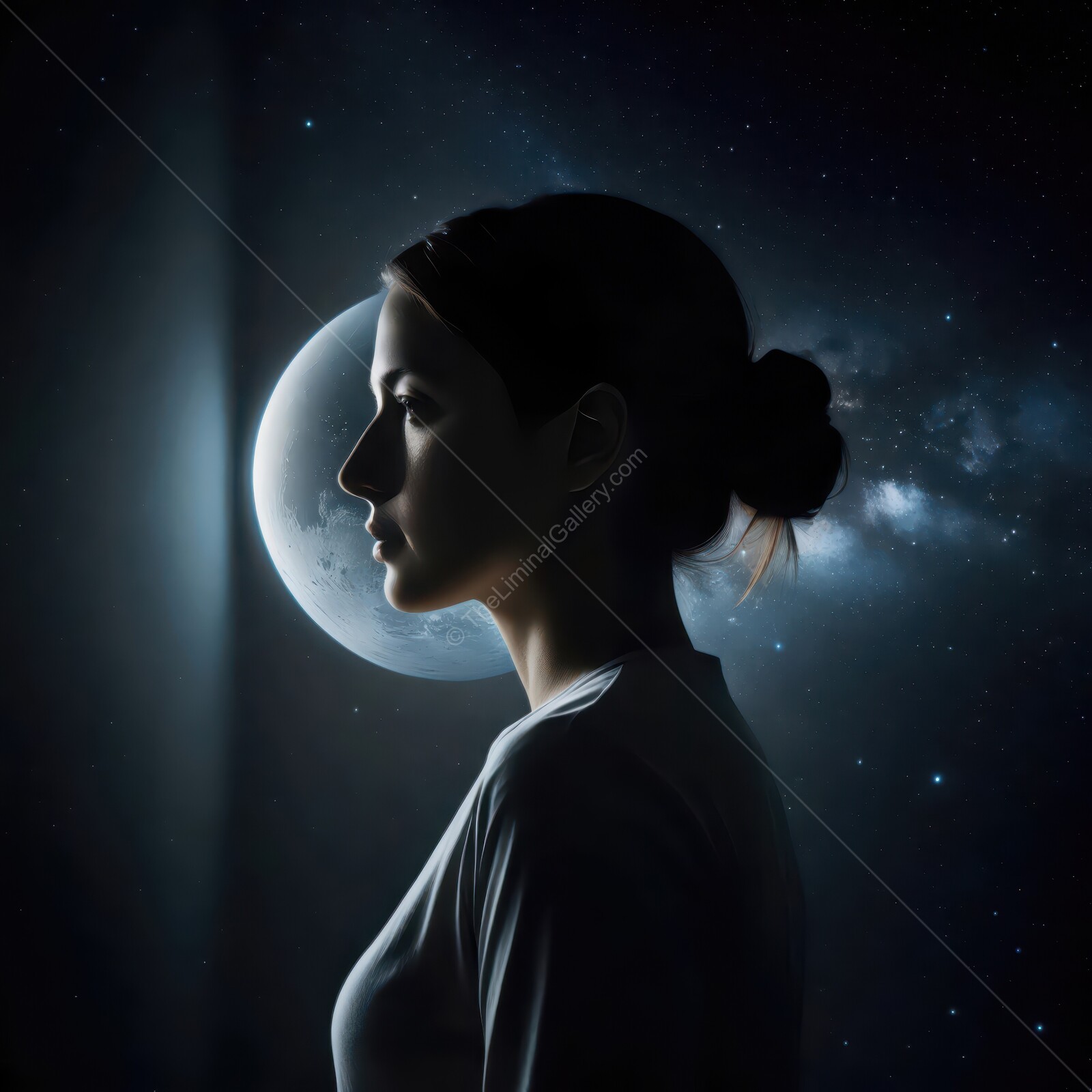 Dreaming under the stars, a woman gazes thoughtfully into the cosmic night