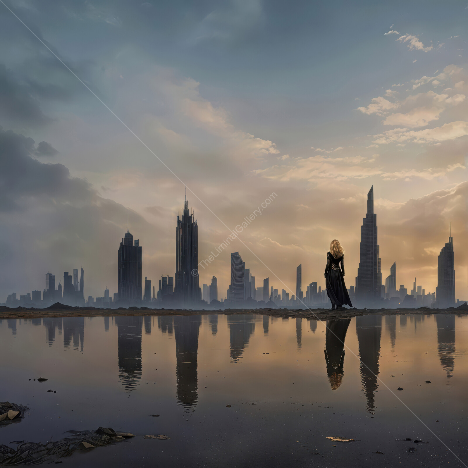 Majestic figure strolls through futuristic cityscape at dusk, reflecting dreams in still waters