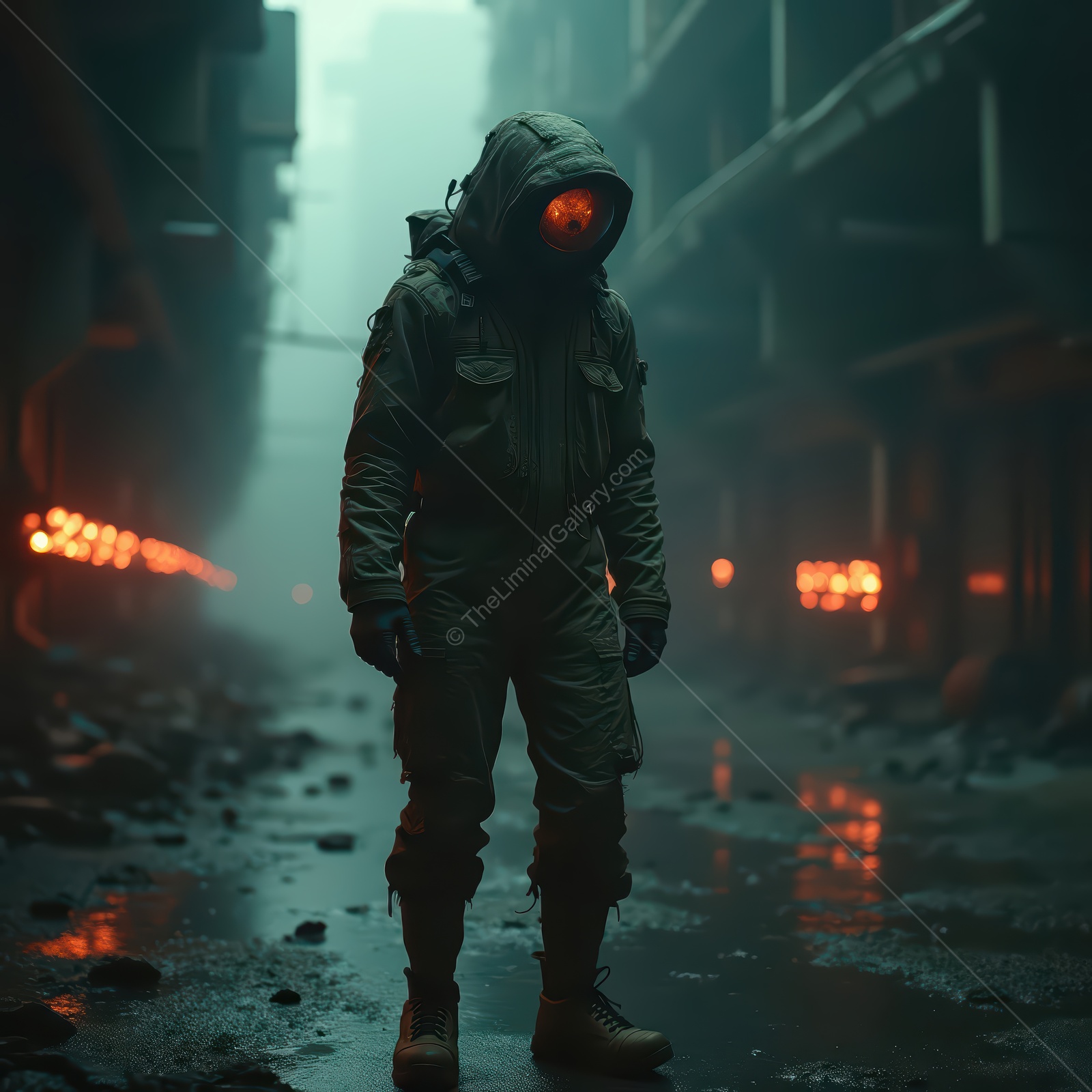 Mysterious figure in a desolate sci-fi landscape under a dark sky filled with glowing embers