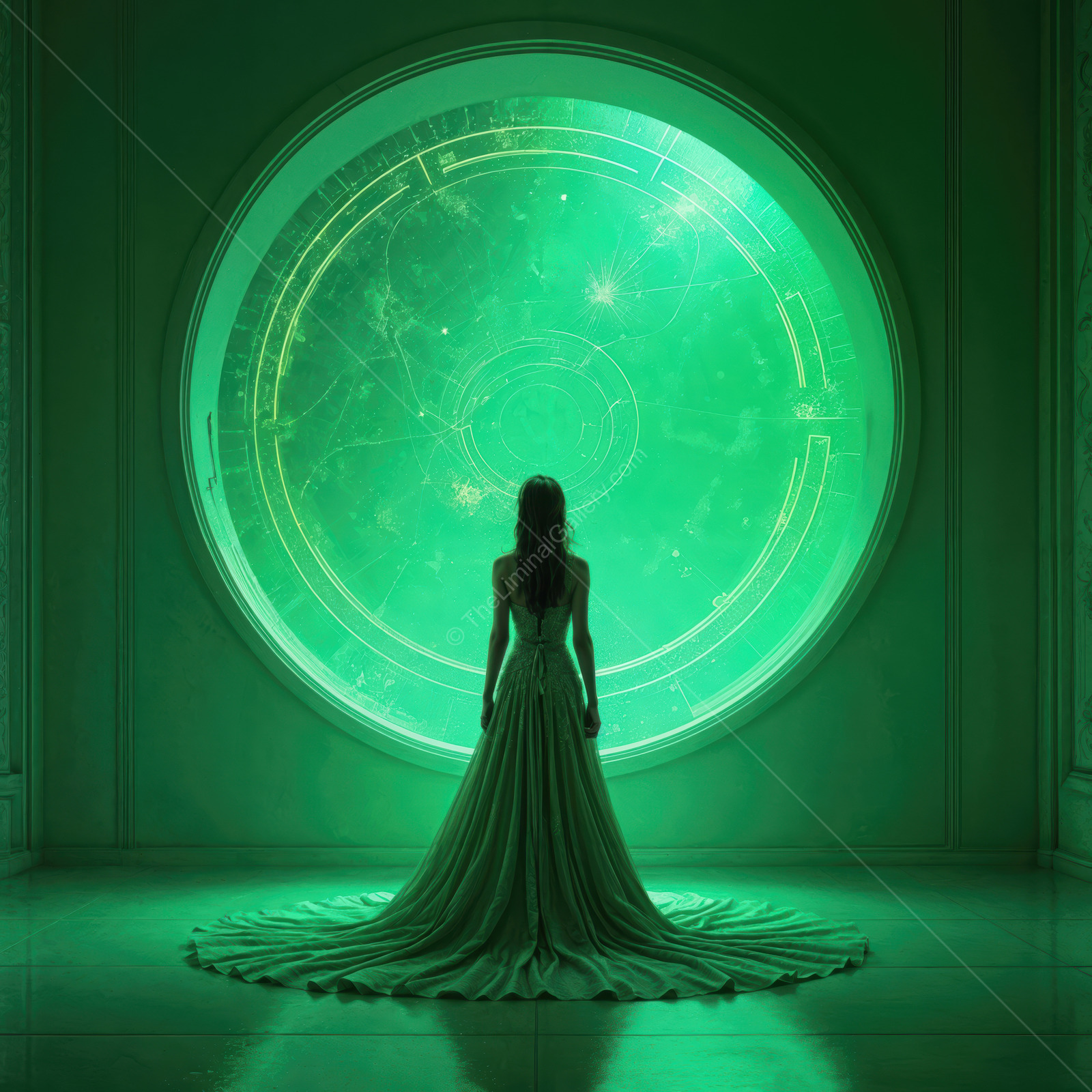 Mystical figure gazing into cosmic depths from a futuristic chamber illuminated by emerald light