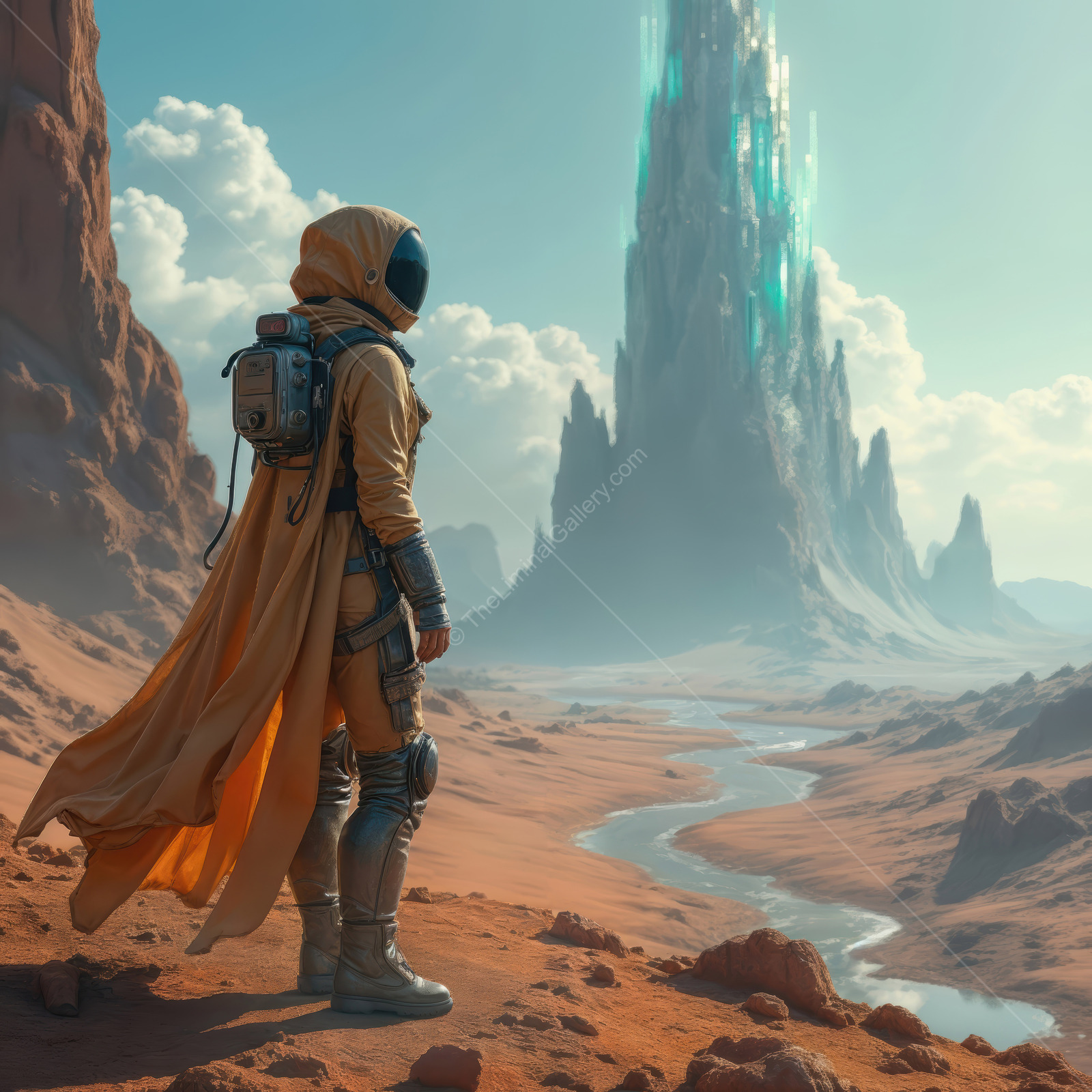 Exploring an alien landscape with a lone traveler gazing at a towering crystal spire under a vivid sky