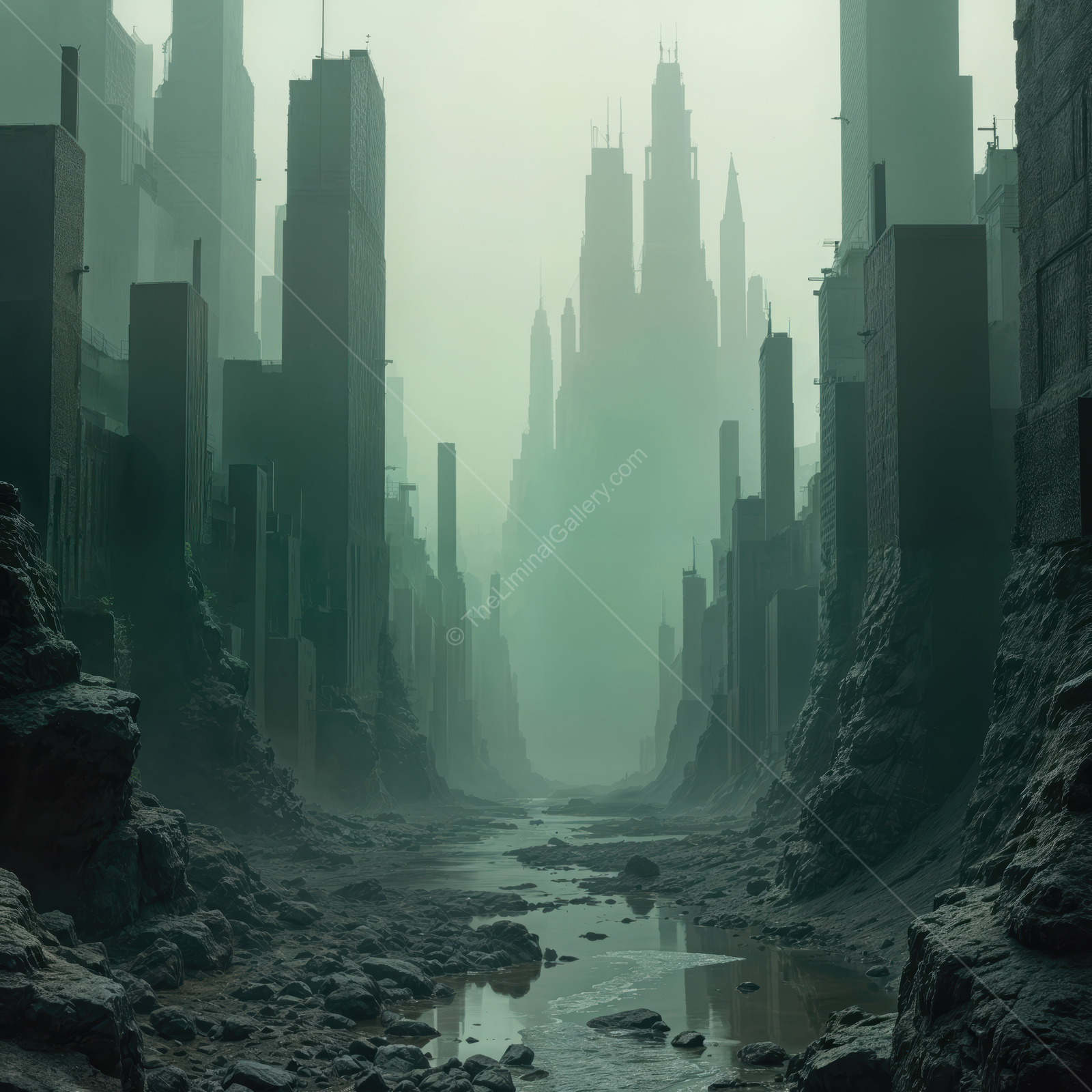 Misty cityscape reveals towering spires of a futuristic skyline bathed in emerald light