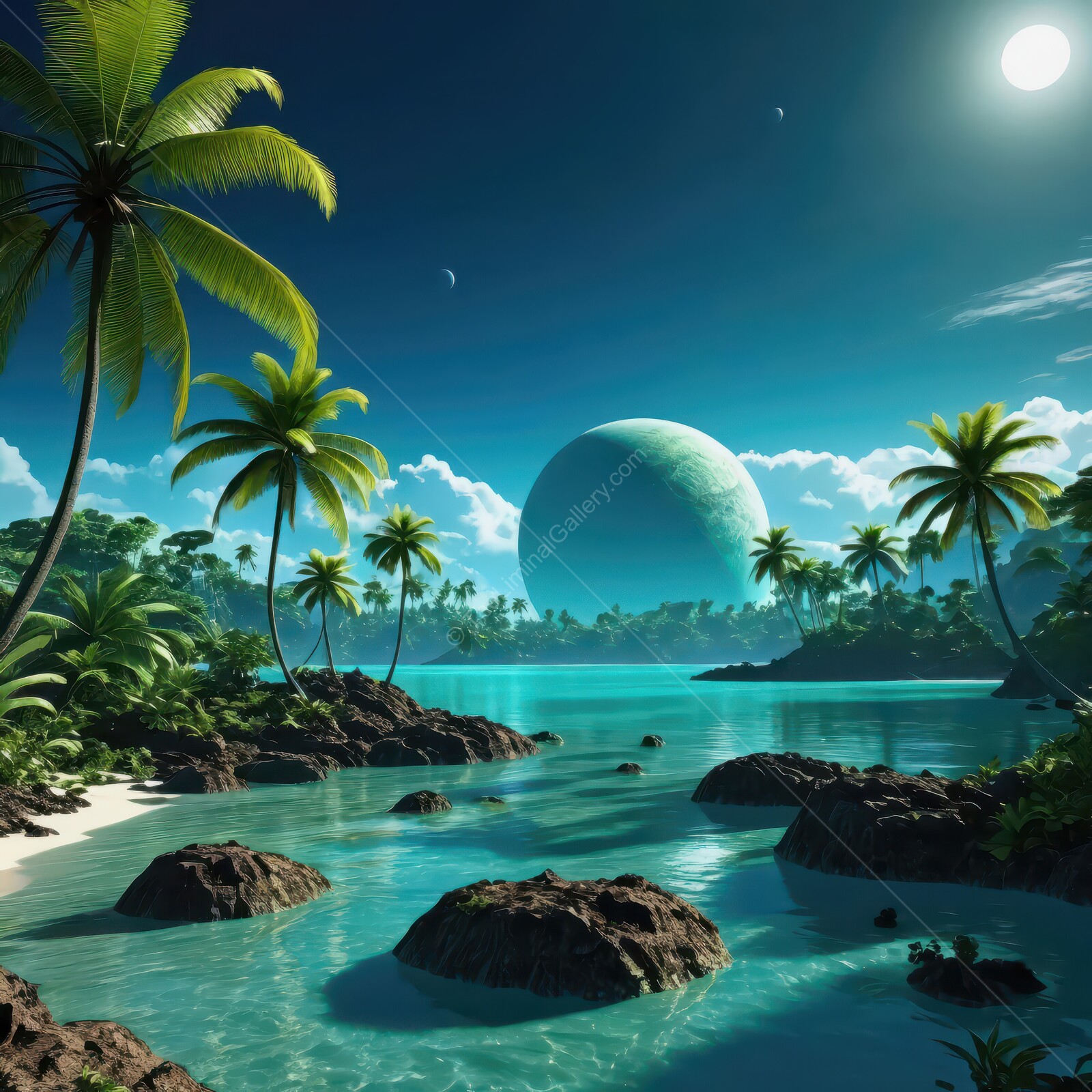 Enchanting tropical paradise with vibrant palms and a mysterious celestial body